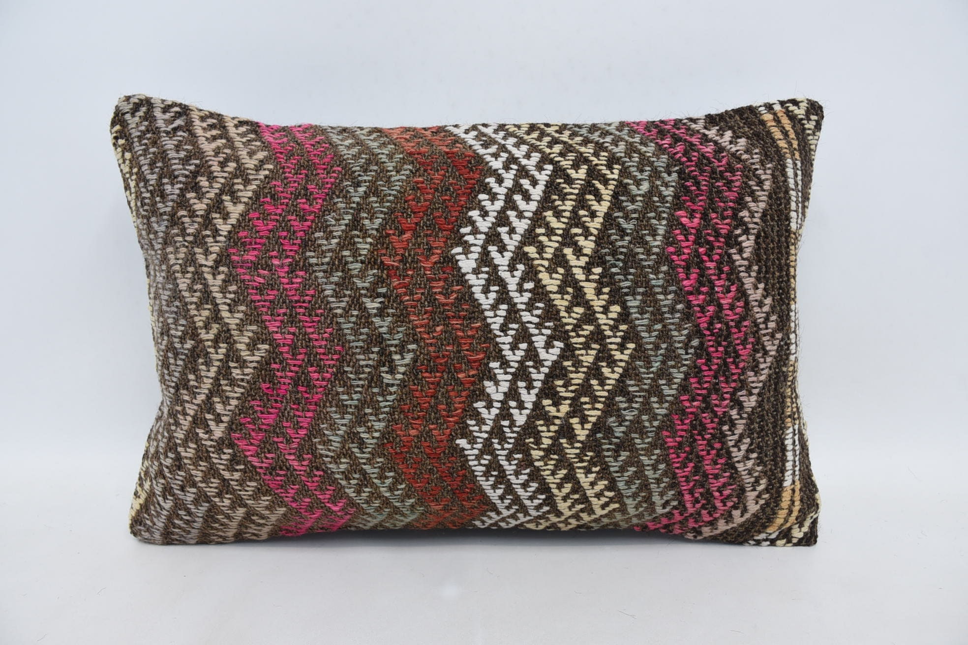 Vintage Throw Cushion Case, Boho Pillow Sham Cover, 16"x24" Pink Pillow Case, Turkish Kilim Pillow, Handmade Kilim Cushion