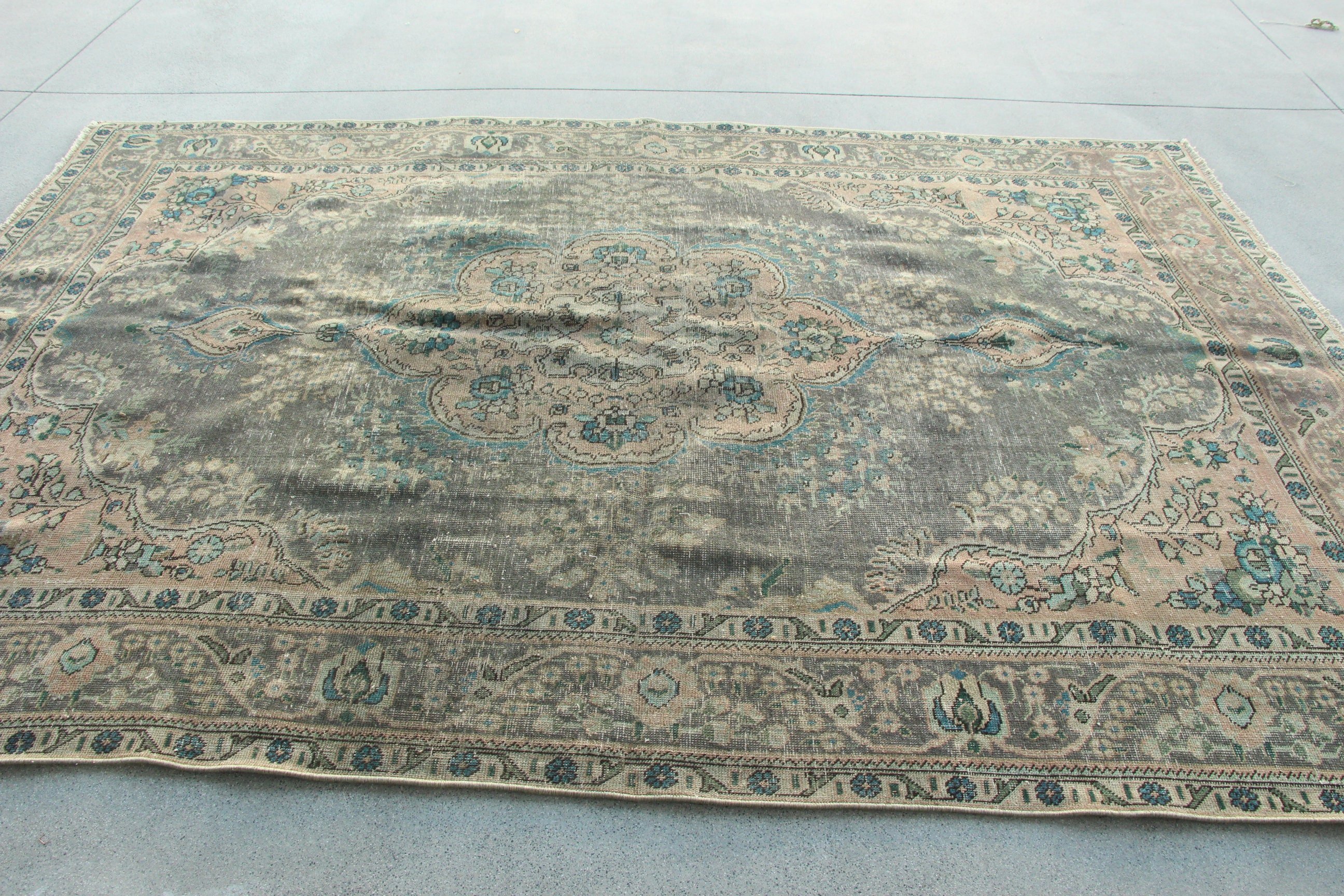 Fas Halıları, Büyük Boho Halısı, Büyük Oushak Halıları, Türk Halısı, 6,6x9,5 ft Büyük Halı, Yeşil Nötr Halı, Vintage Halılar, Mutfak Halısı