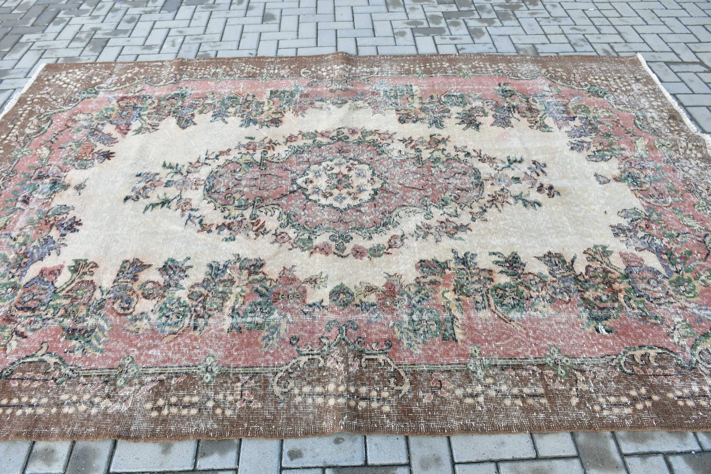 Vintage Oushak Halıları, Salon Halısı, Vintage Halılar, 6.4x9.6 ft Büyük Halı, Türk Halısı, Yün Halısı, Kahverengi Zemin Halısı, Ev Dekor Halısı, Yemek Odası Halısı