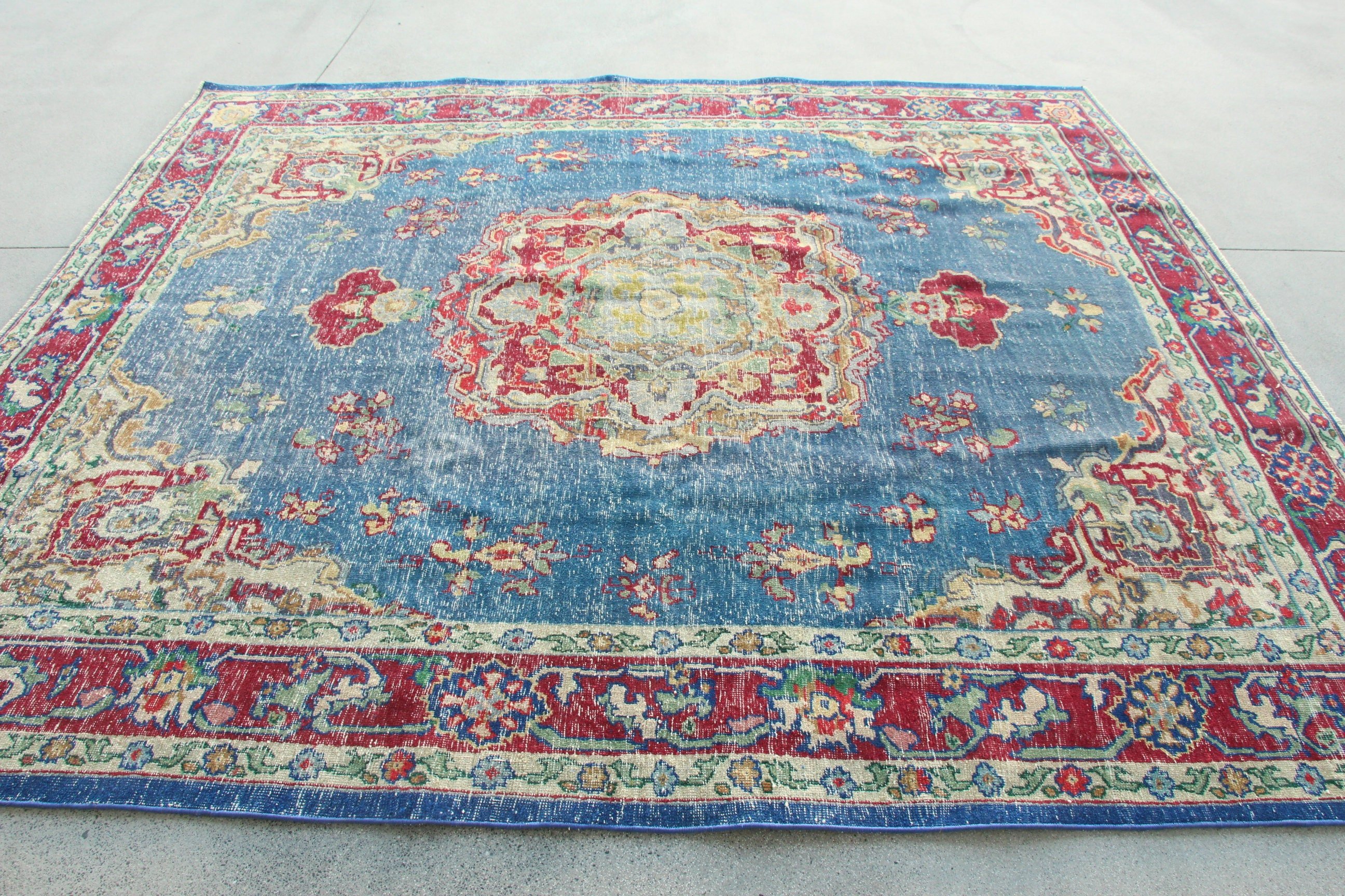 Blue Anatolian Rugs, Anatolian Rugs, Salon Rugs, 8x8.9 ft Oversize Rug, Vintage Rug, Turkish Rug, Luxury Rugs, Office Rugs, Dining Room Rug