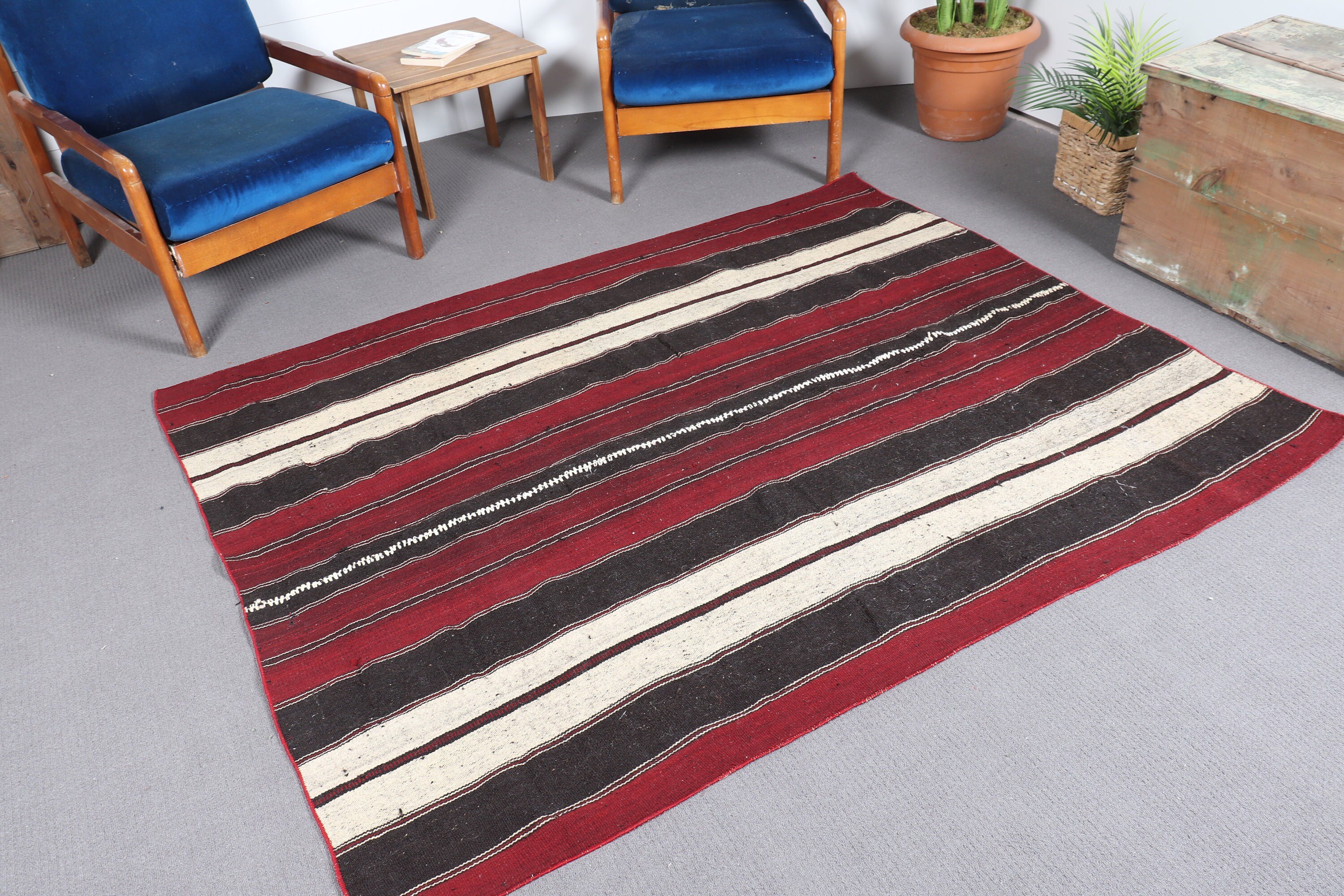 Yatak Odası Halısı, Kilim, Vintage Halılar, Kırmızı 5.2x6.5 ft Alan Halıları, Ev Dekorasyonu Halısı, Türk Halısı, Yün Halısı, Çocuk Halısı, Eklektik Halı