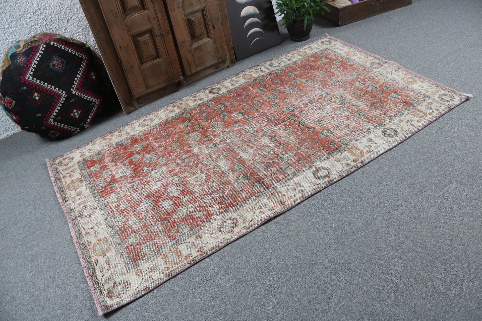 Turkish Rug, Neutral Rug, Rugs for Nursery, Modern Rugs, Oushak Area Rug, Red Neutral Rugs, Ethnic Rug, 3.9x7 ft Area Rug, Vintage Rug