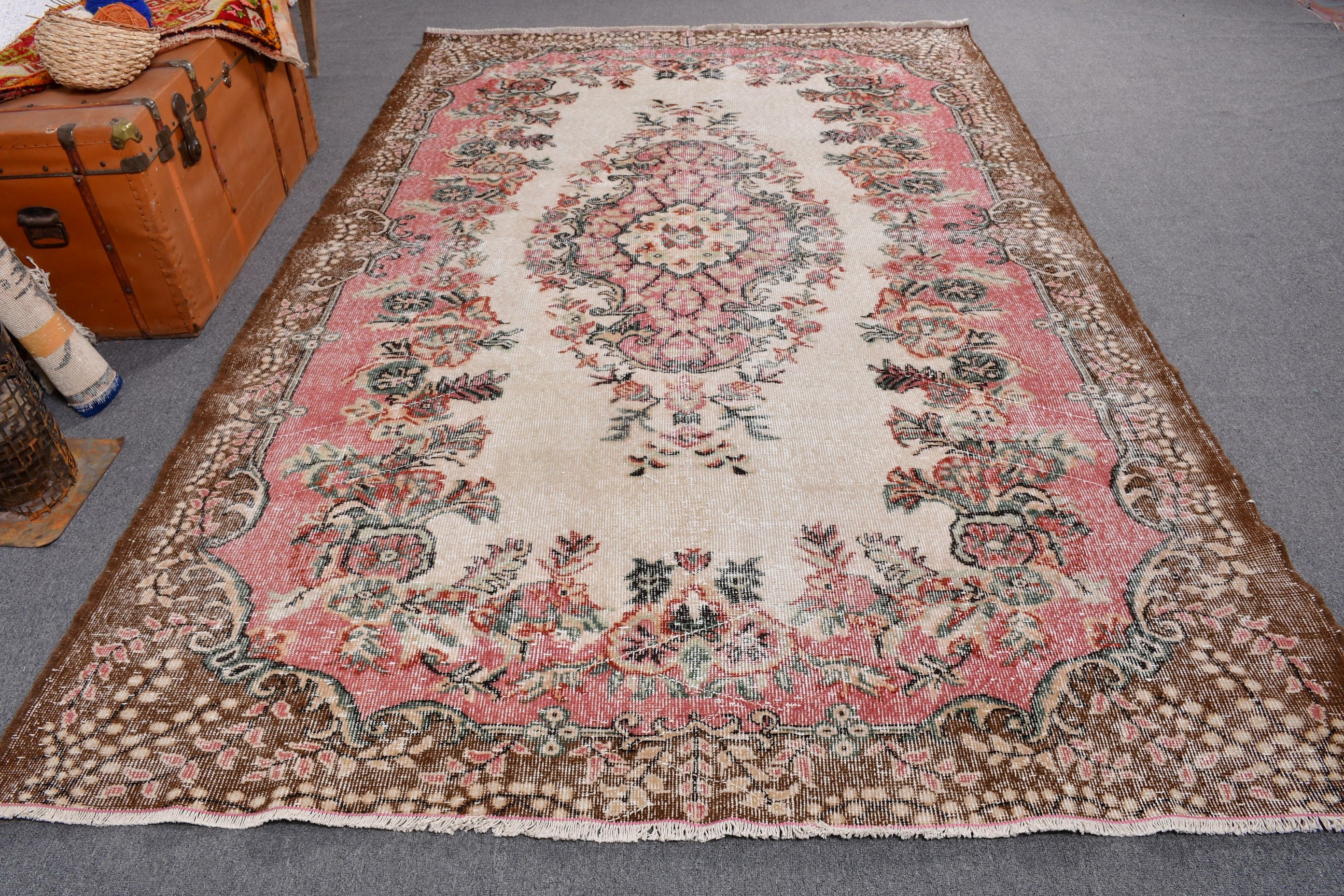 Yemek Odası Halıları, Büyük Oushak Halısı, Türk Halısı, Vintage Halı, 6.5x10 ft Büyük Halı, Kabile Halısı, Fas Halısı, Boho Halısı, Bej Açıklama Halıları