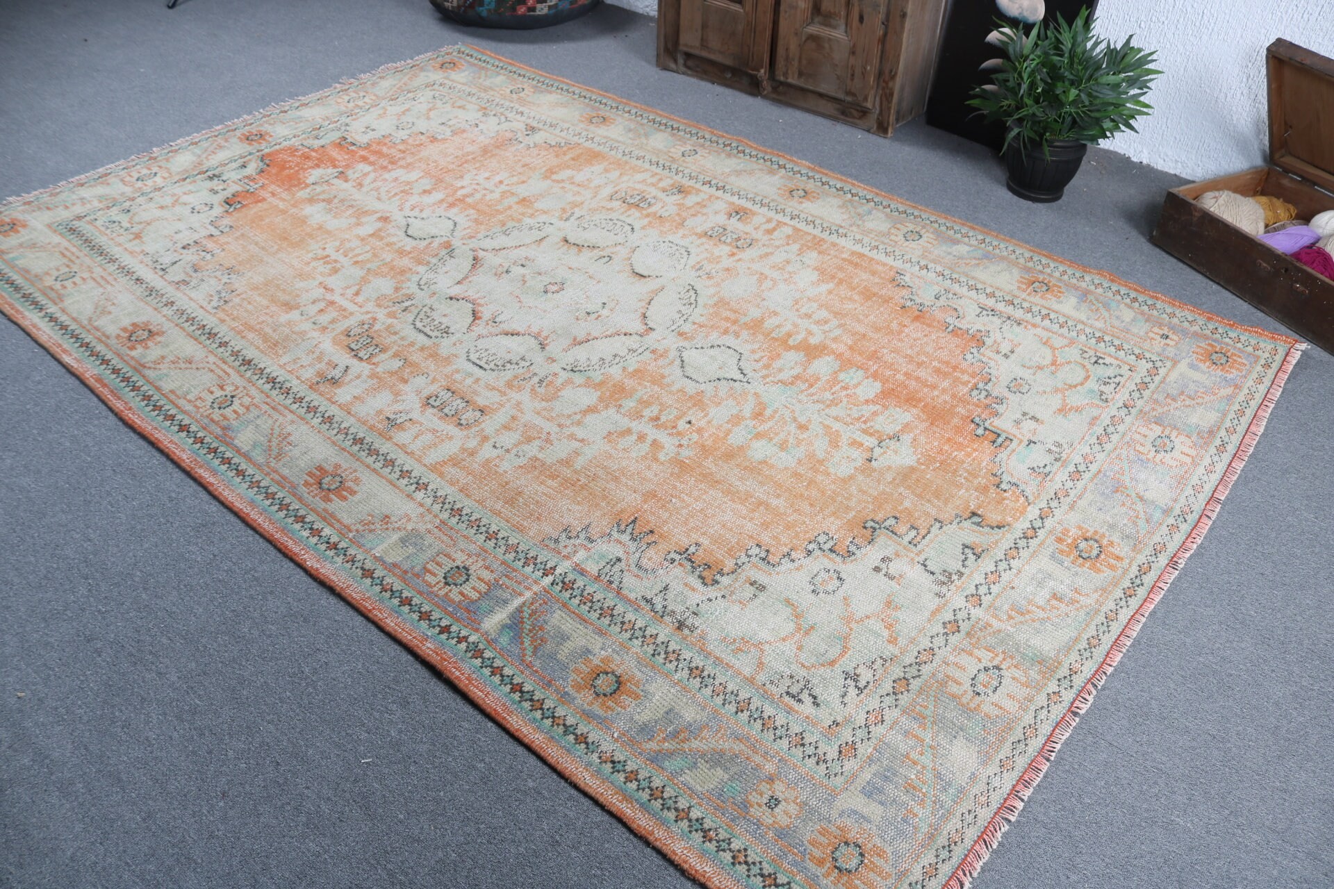 Türk Halıları, Nötr Halı, Oturma Odası Halıları, Turuncu Anadolu Halıları, Geometrik Halı, 5,9x9,1 ft Büyük Halılar, Vintage Halı, Salon Halıları