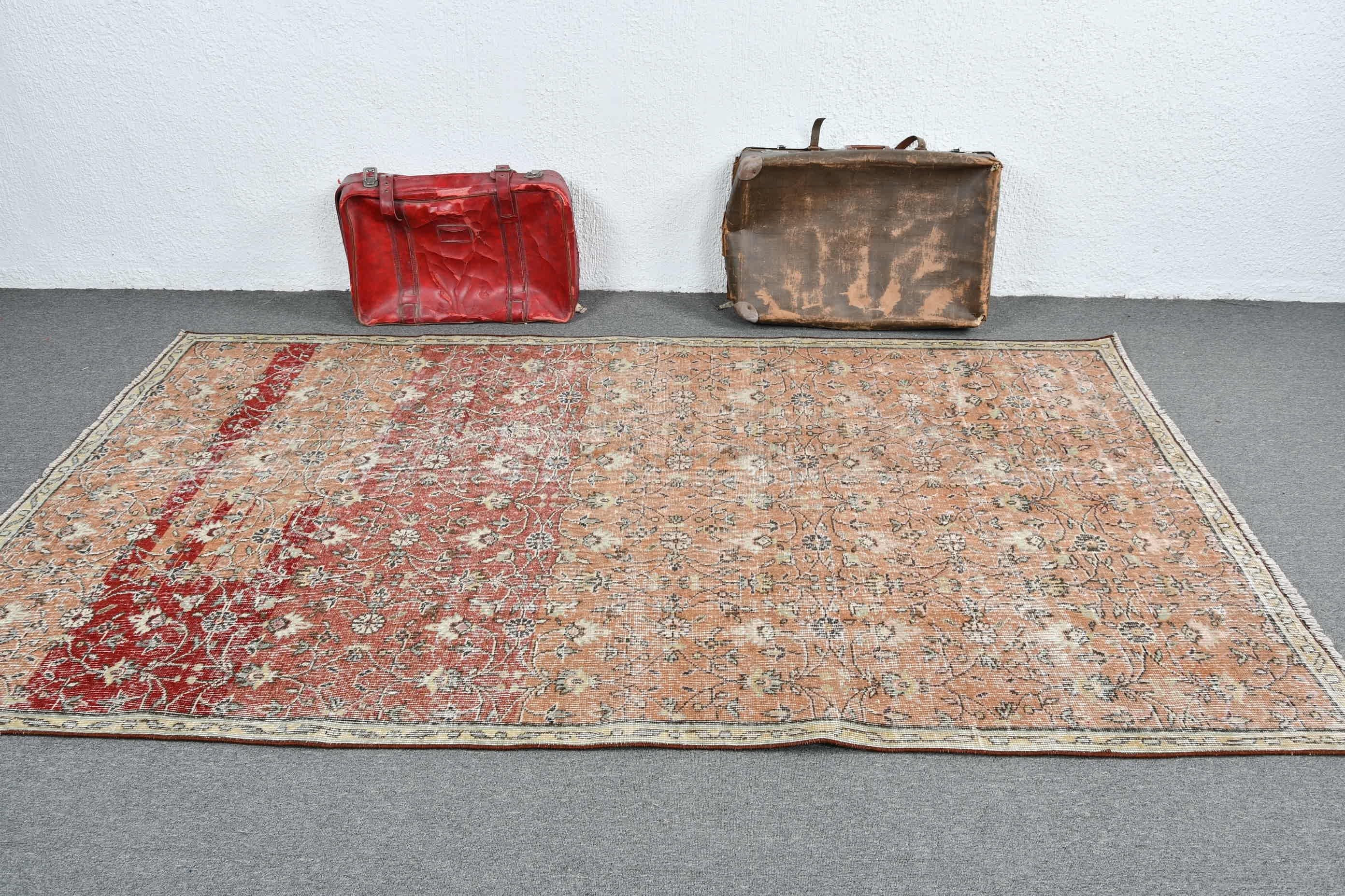 Yer Halısı, Vintage Halı, Oturma Odası Halıları, Türk Halıları, Eskitilmiş Halılar, Turuncu Oryantal Halı, 4,8x8,7 ft Büyük Halı, Salon Halısı, Oushak Halıları