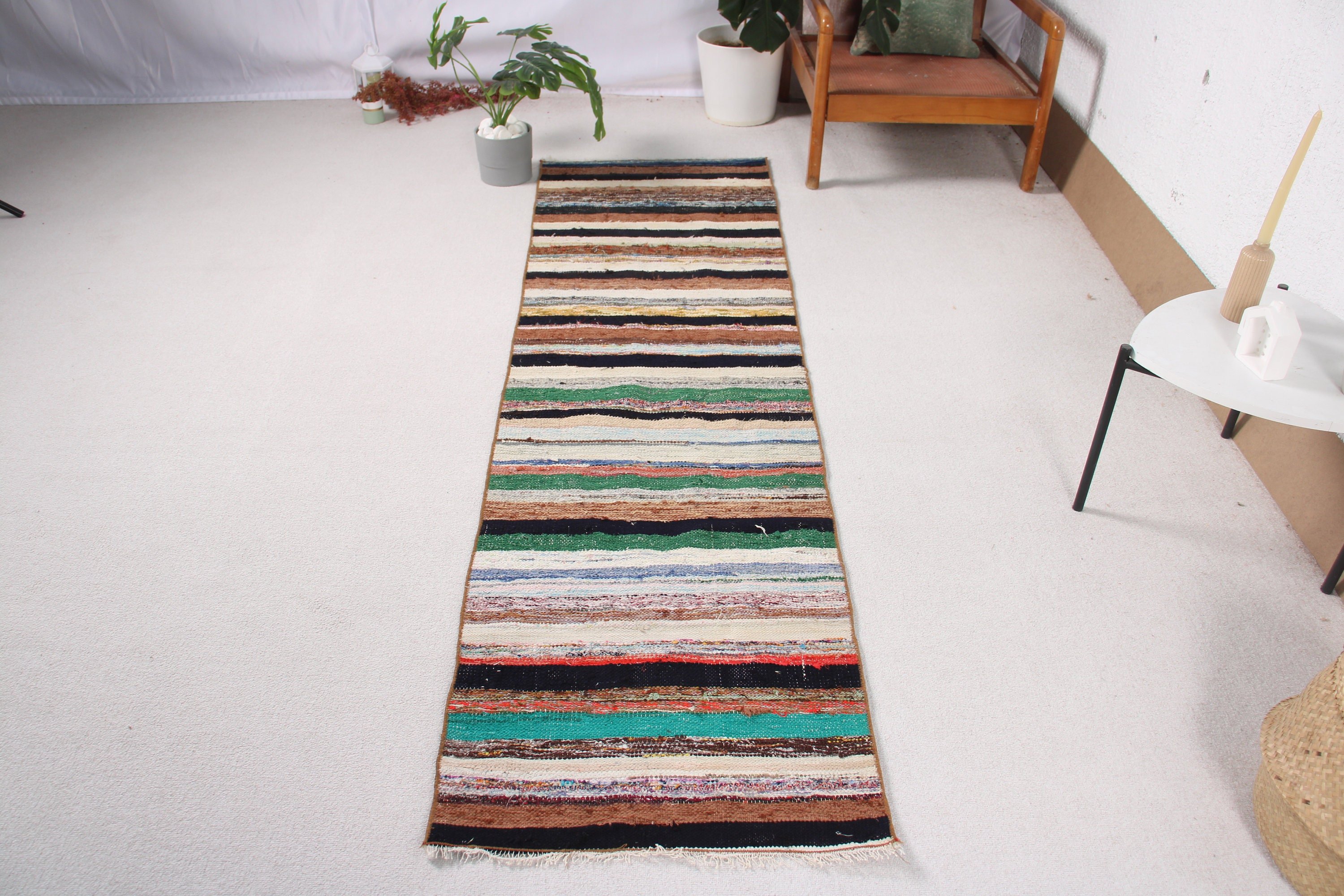 Kilim, 2.1x7.6 ft Yolluk Halı, Yeşil Mutfak Halısı, Ofis Halısı, Vintage Halı, Geometrik Halı, Türk Halısı, Uzun Yolluk Halıları, El Dokuma Halı