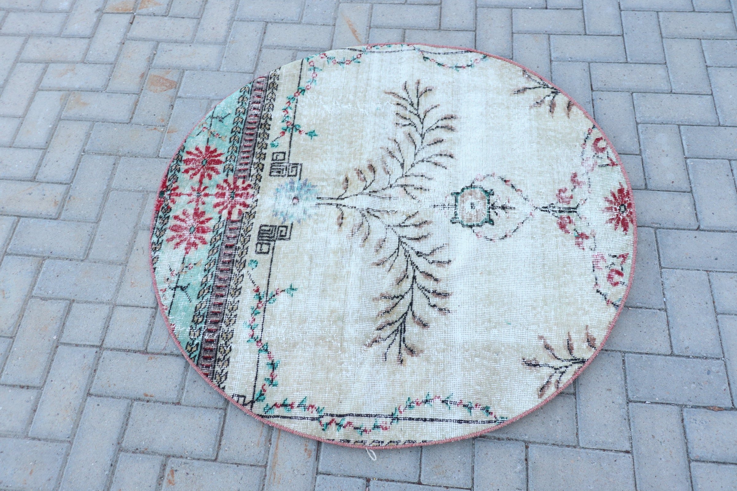 Oryantal Halı, Bej 3.7x3.7 ft Küçük Halılar, Türk Halıları, Vintage Halılar, Mutfak Halısı, Yurt Halısı, Yatak Odası Halısı, Duvar Asılı Halılar