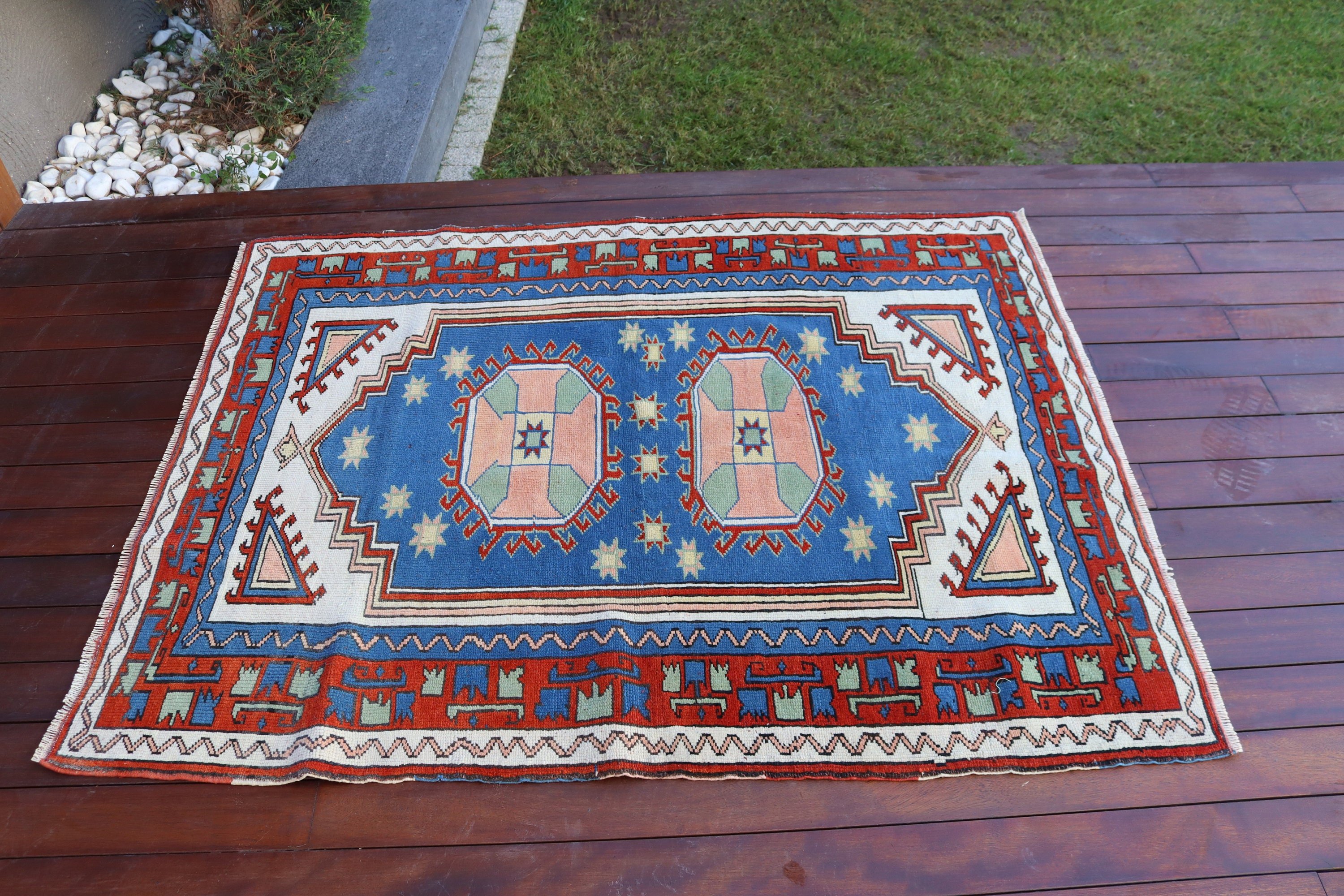 Home Decor Rugs, Blue Oushak Rug, Bedroom Rugs, 3.9x4.9 ft Accent Rugs, Turkish Rug, Moroccan Rug, Vintage Accent Rug, Vintage Rugs