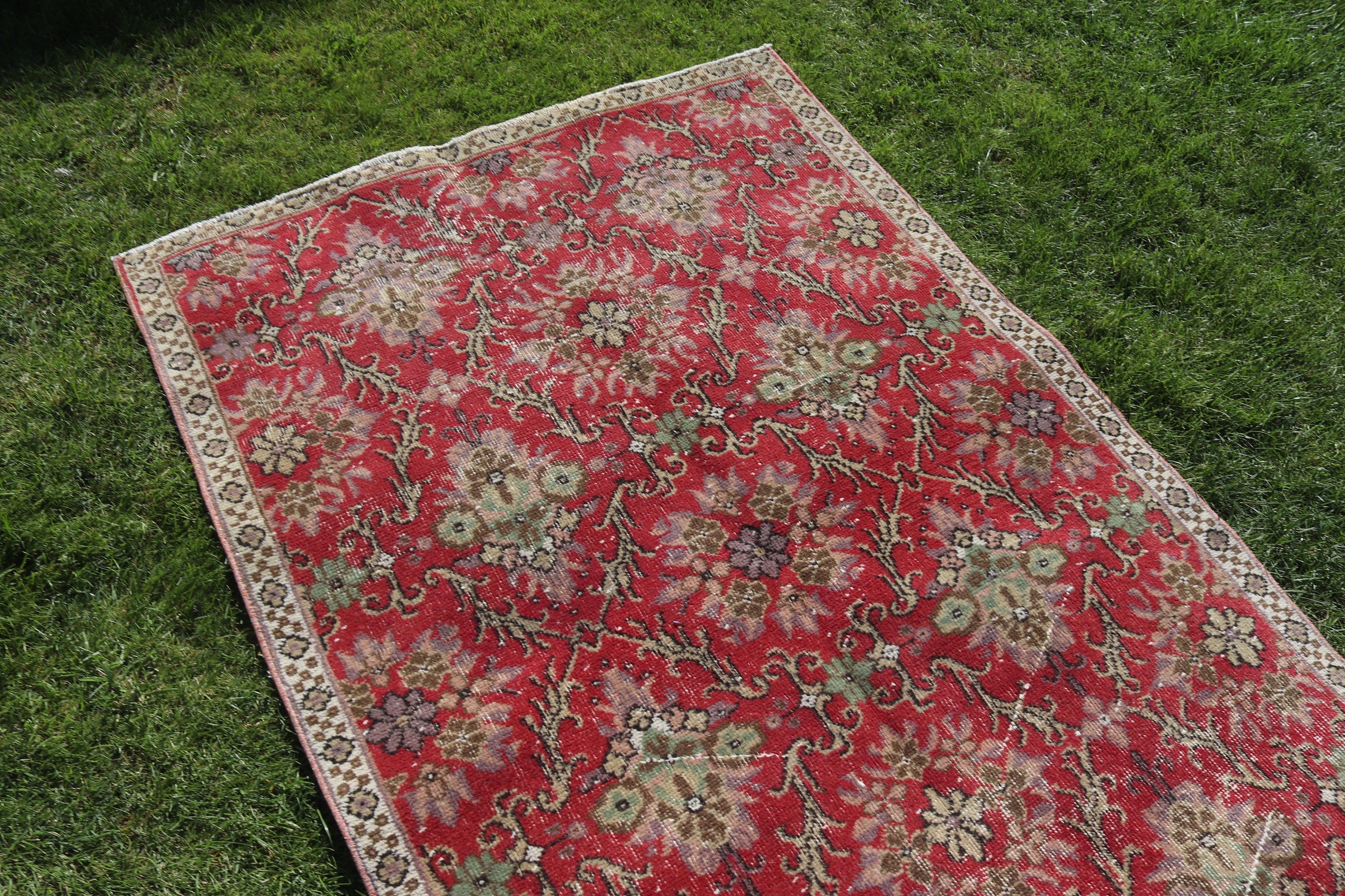 Vintage Rugs, Boho Rugs, 3.8x9.2 ft Area Rugs, Kitchen Rugs, Oushak Area Rug, Turkish Rugs, Red Home Decor Rug, Rugs for Floor, Bedroom Rug