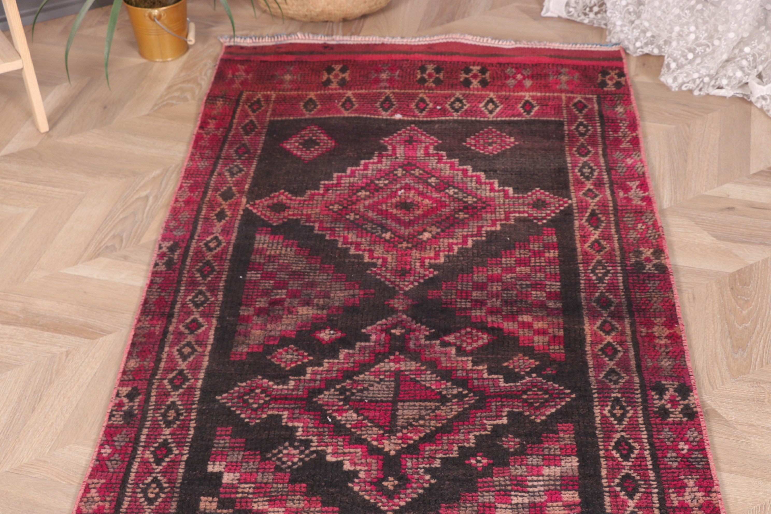 Pembe Açıklama Halısı, Vintage Halılar, Etnik Halı, 2.7x14.2 ft Runner Halıları, Yatak Odası Halısı, Beni Ourain Runner Halıları, Düz Dokuma Halılar, Türk Halısı