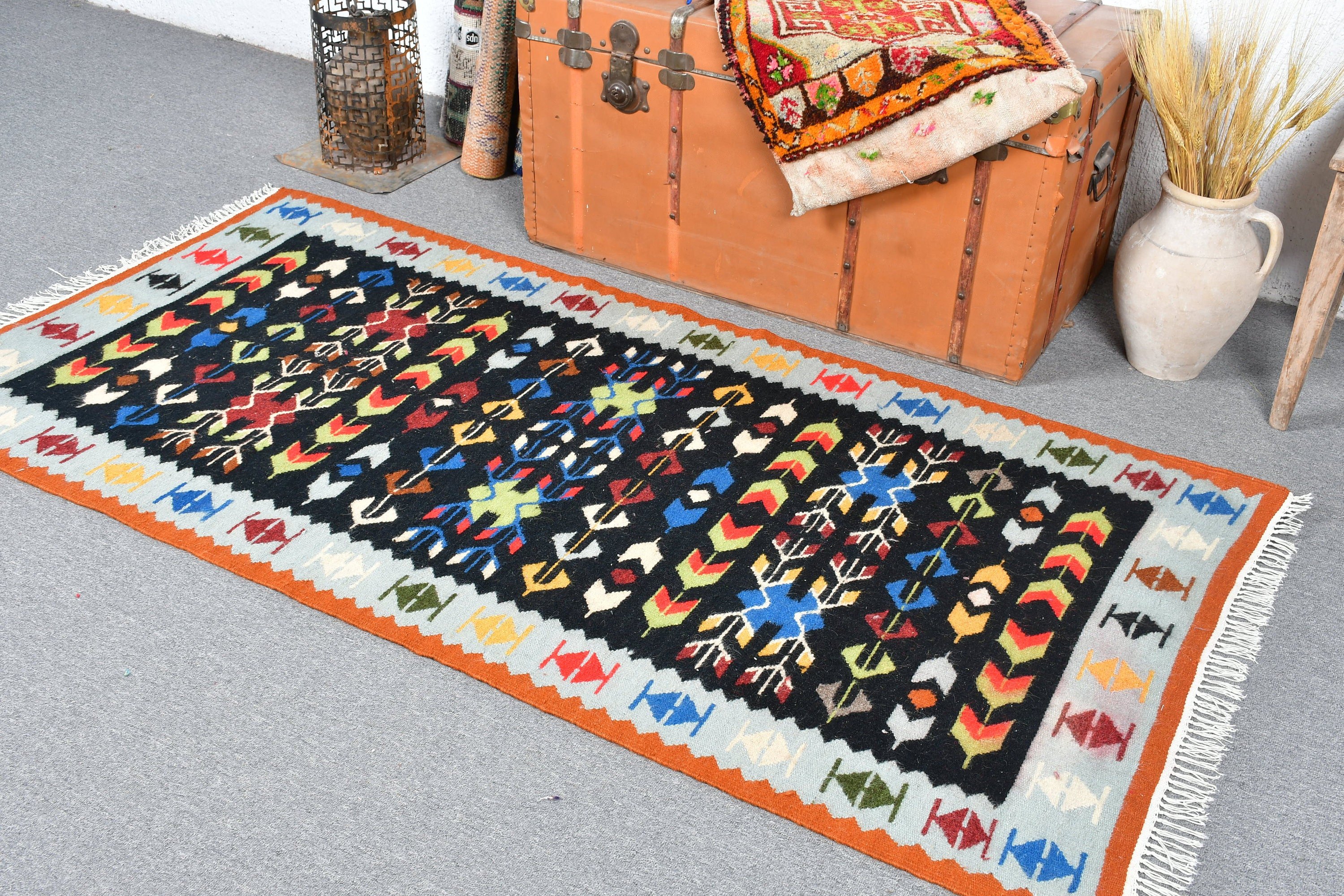 Boho Rug, Vintage Rug, Nursery Rug, Turkish Rug, Kilim, Anatolian Rug, Entry Rugs, Black  3.1x6.4 ft Accent Rugs