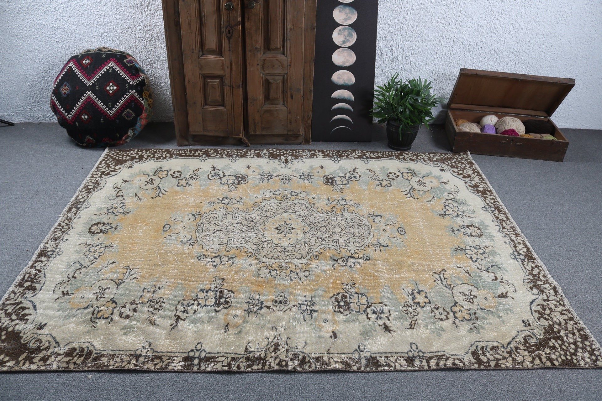 Büyük Vintage Halılar, Düz Dokuma Halılar, Geometrik Halılar, Büyük Oushak Halılar, 5.7x7.5 ft Büyük Halı, Sarı Yatak Odası Halıları, Vintage Halılar, Türk Halısı