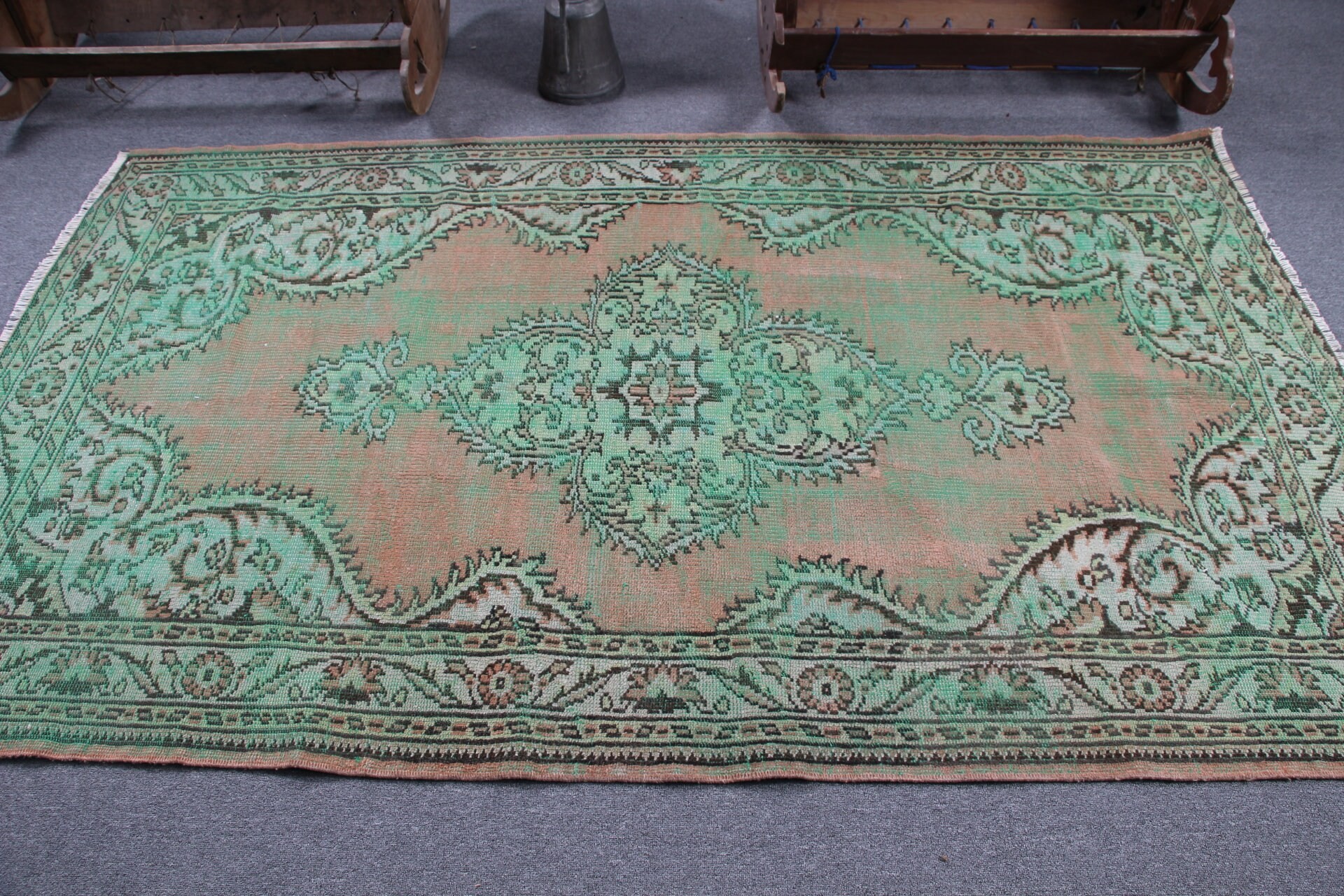 Yeşil Oushak Halı, 4.7x7.8 ft Alan Halıları, İç Mekan Halıları, Vintage Halılar, Düz Dokuma Halı, İç Mekan Halıları, Türk Halısı, Antika Halı, Anadolu Halısı