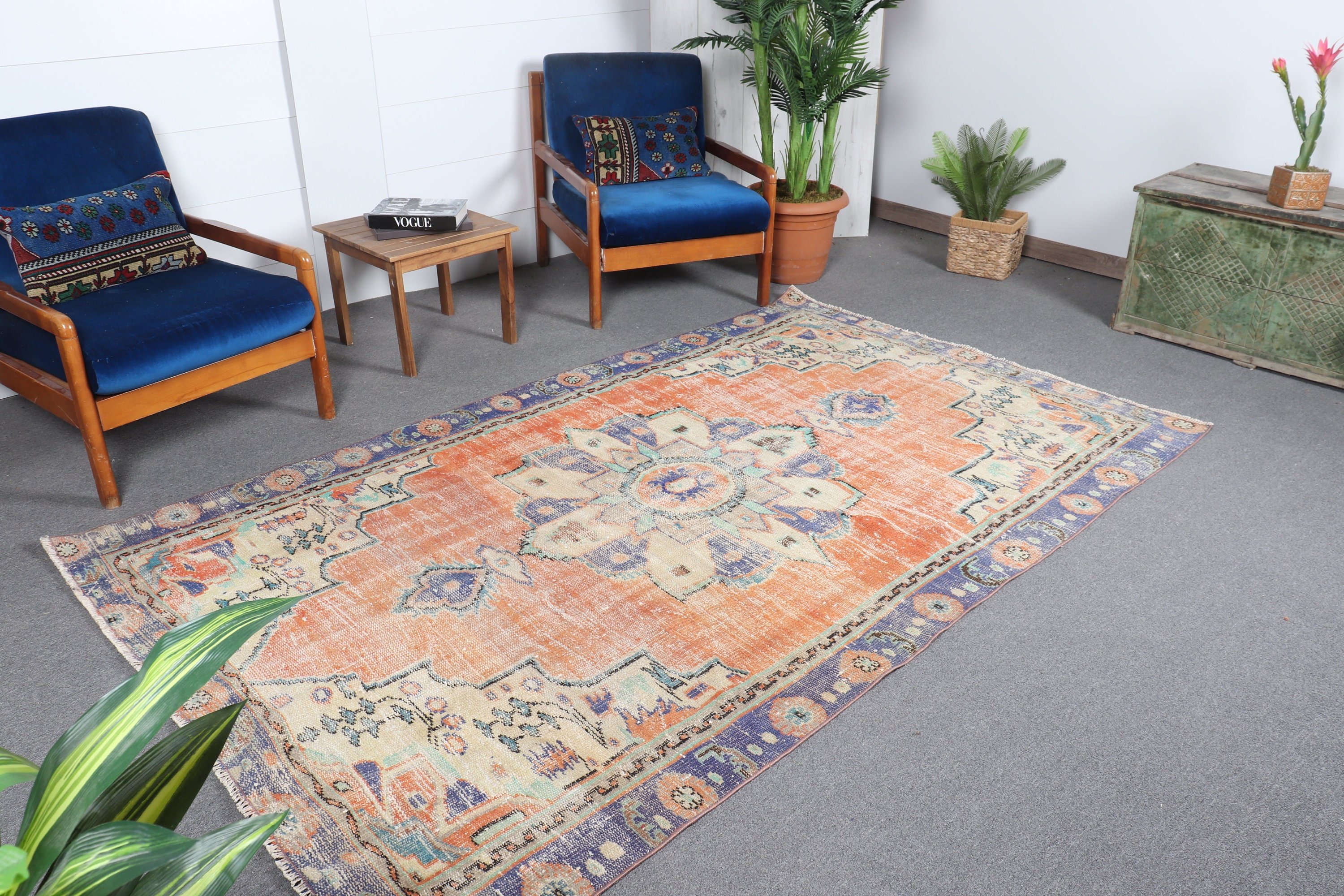 Vintage Rug, Aztec Rugs, Living Room Rug, Oriental Rugs, Turkish Rug, Orange Oriental Rug, 5.3x8.4 ft Large Rug, Bedroom Rug
