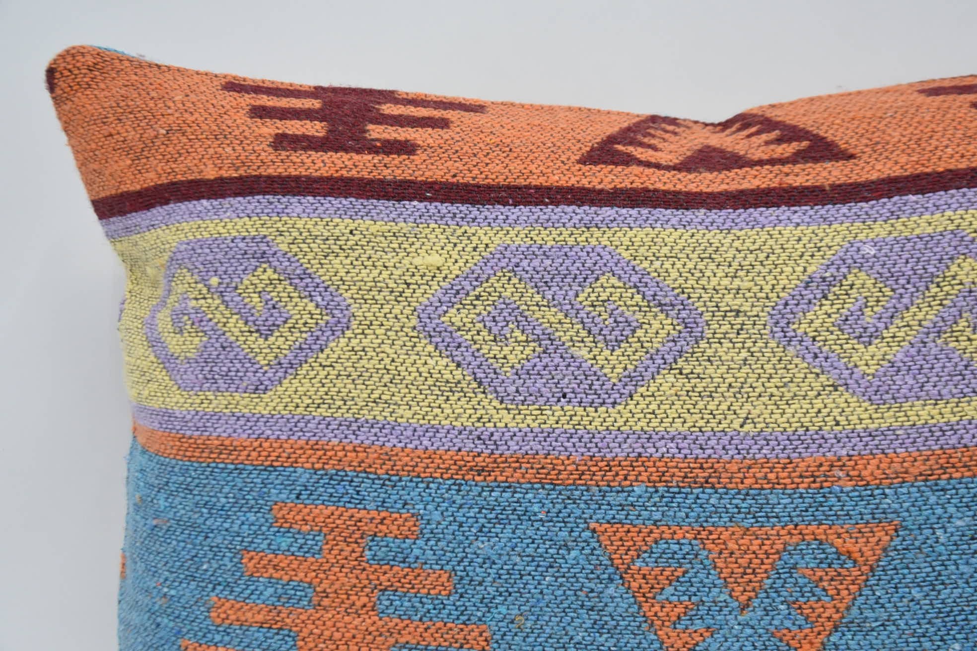 Pillow for Couch, Vintage Kilim Throw Pillow, Anatolian Pillow Case, Ethnical Kilim Rug Pillow, 16"x24" Blue Cushion Case
