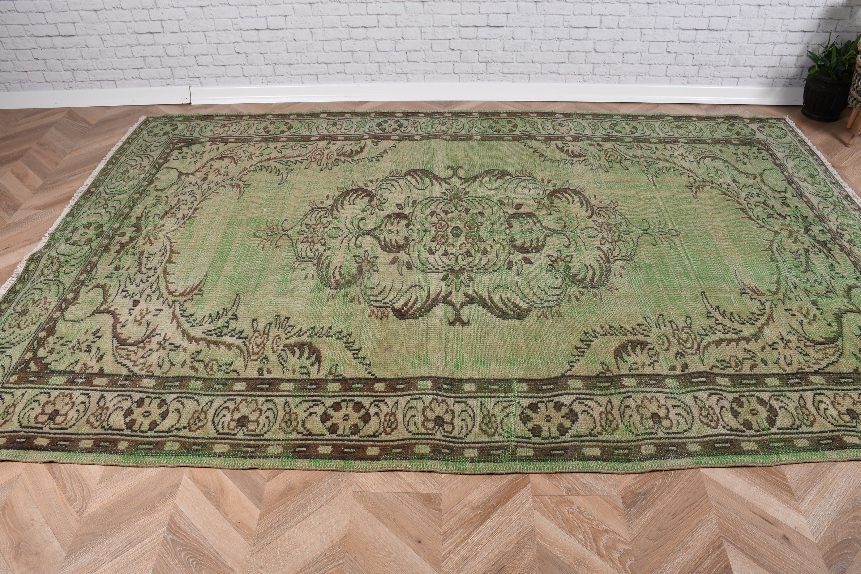 Vintage Halılar, Türk Halıları, Oturma Odası Halısı, Açıklama Halıları, 5.9x9.2 ft Büyük Halı, Yeşil Geometrik Halı, Yemek Odası Halıları