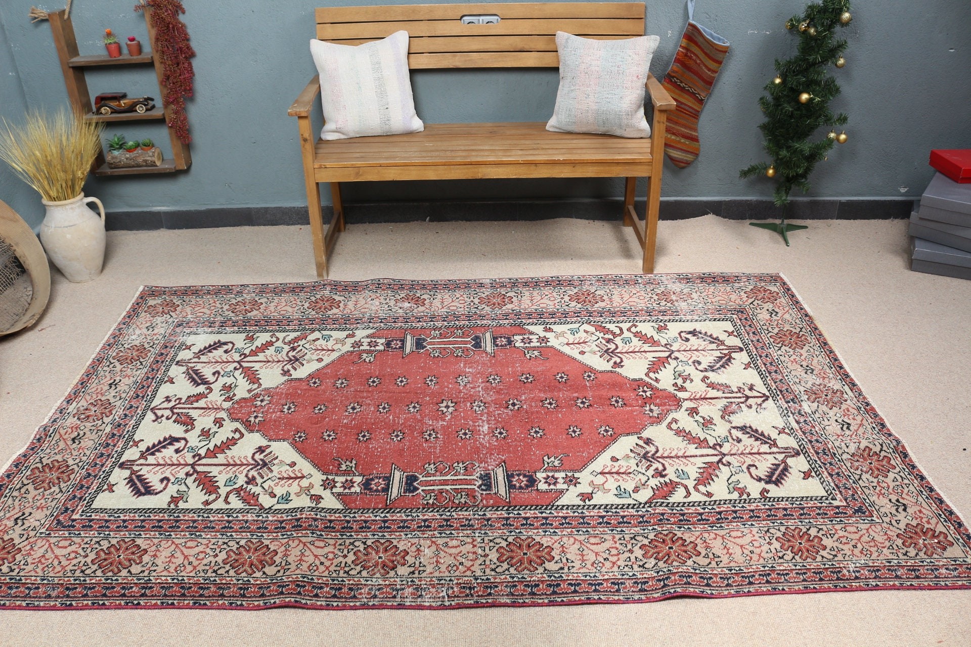 Vintage Halı, Yer Halıları, Yatak Odası Halıları, Türk Halıları, 4.9x7.6 ft Alan Halıları, Vintage Dekor Halısı, Çocuk Halısı, Bej Antika Halı, Oryantal Halı