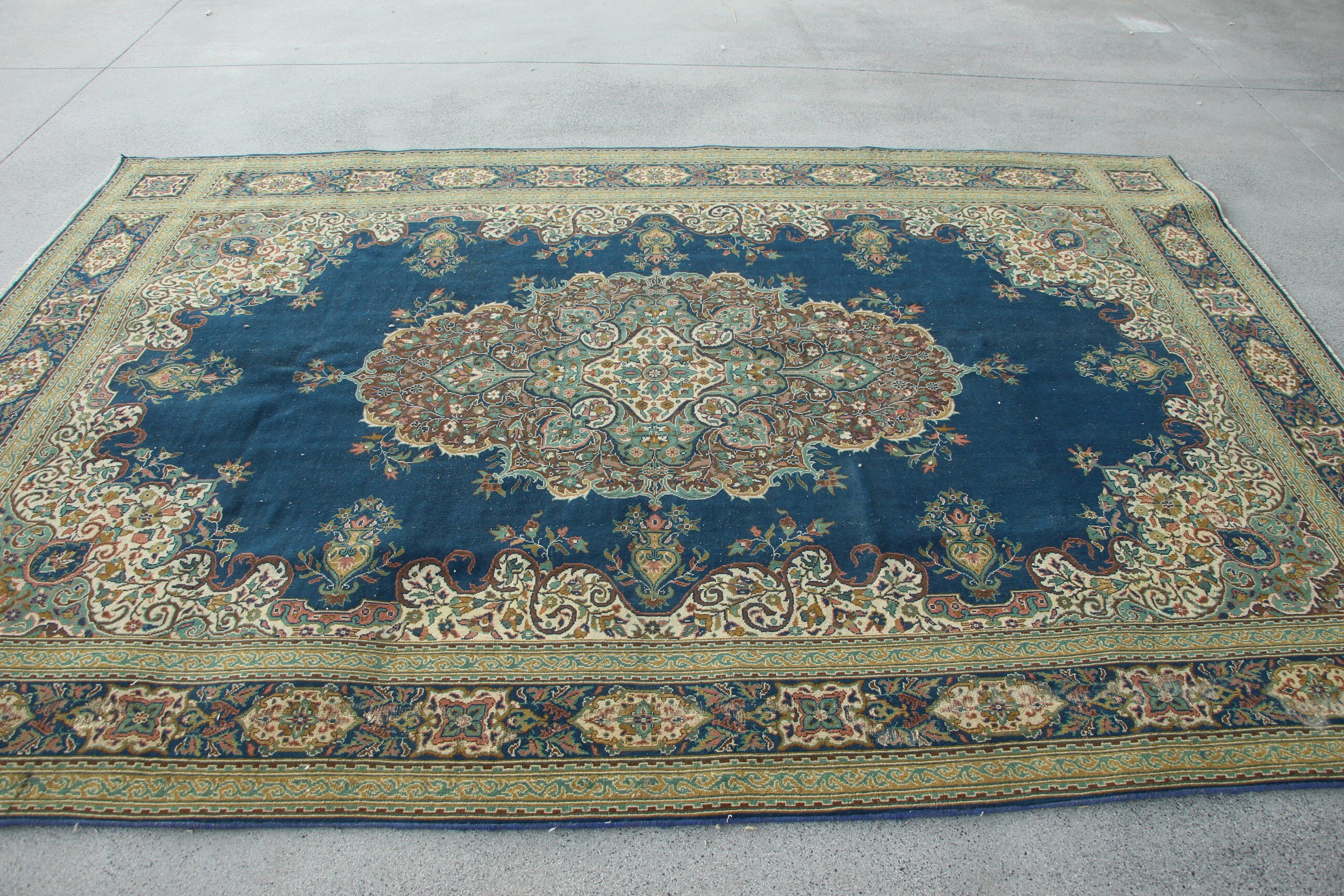 Mavi Yün Halı, Kabile Halıları, Vintage Halılar, 6.8x9.8 ft Büyük Halı, Türk Halısı, Büyük Vintage Halı, Yatak Odası Halısı, Lüks Halı, Büyük Oushak Halısı