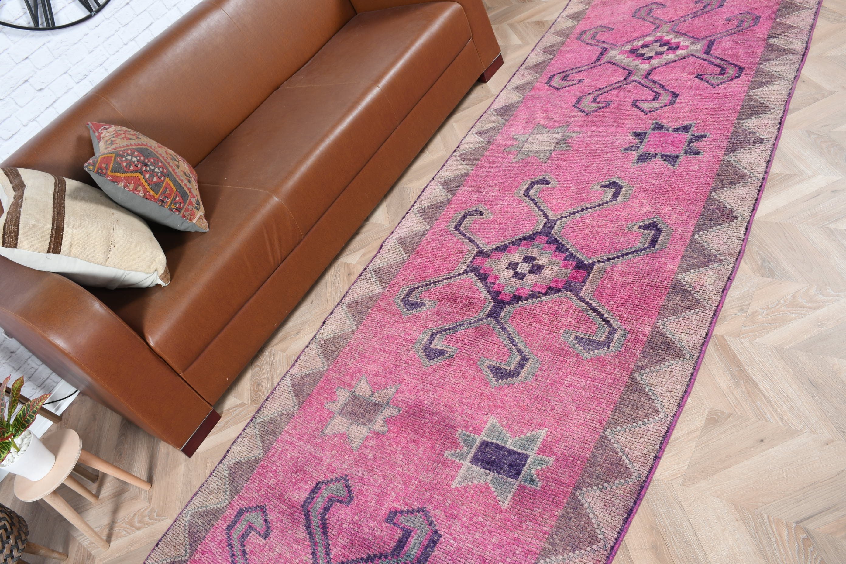 3.4x11.5 ft Runner Rugs, Vintage Rug, Stair Rug, Turkish Rugs, Bedroom Rug, Designer Rug, Wool Rug, Rugs for Kitchen, Pink Anatolian Rugs