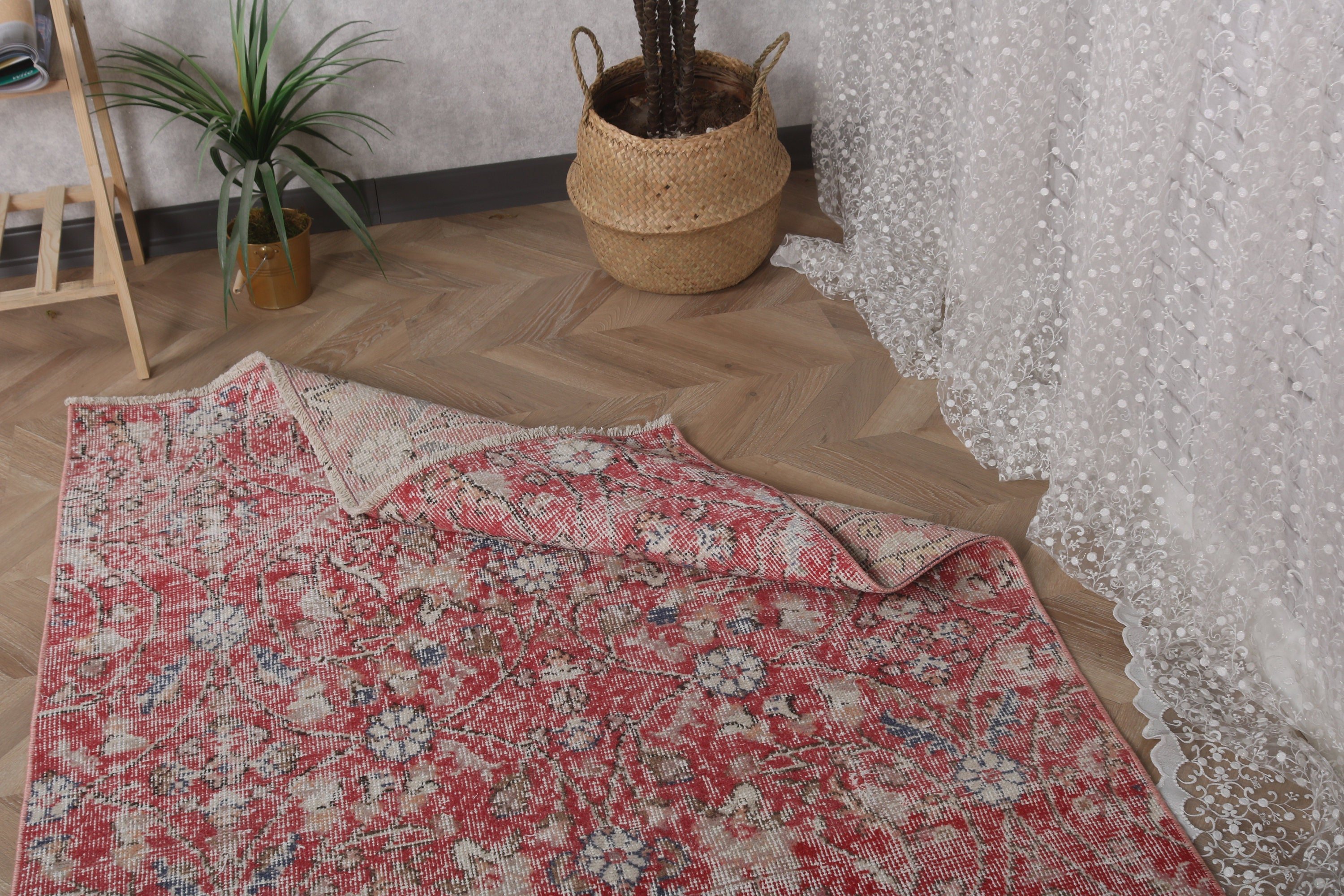 Vintage Rugs, Red Antique Rugs, Geometric Rugs, Floor Rugs, 3.8x7.2 ft Area Rug, Aztec Rug, Turkish Rug, Oushak Area Rug, Kitchen Rugs