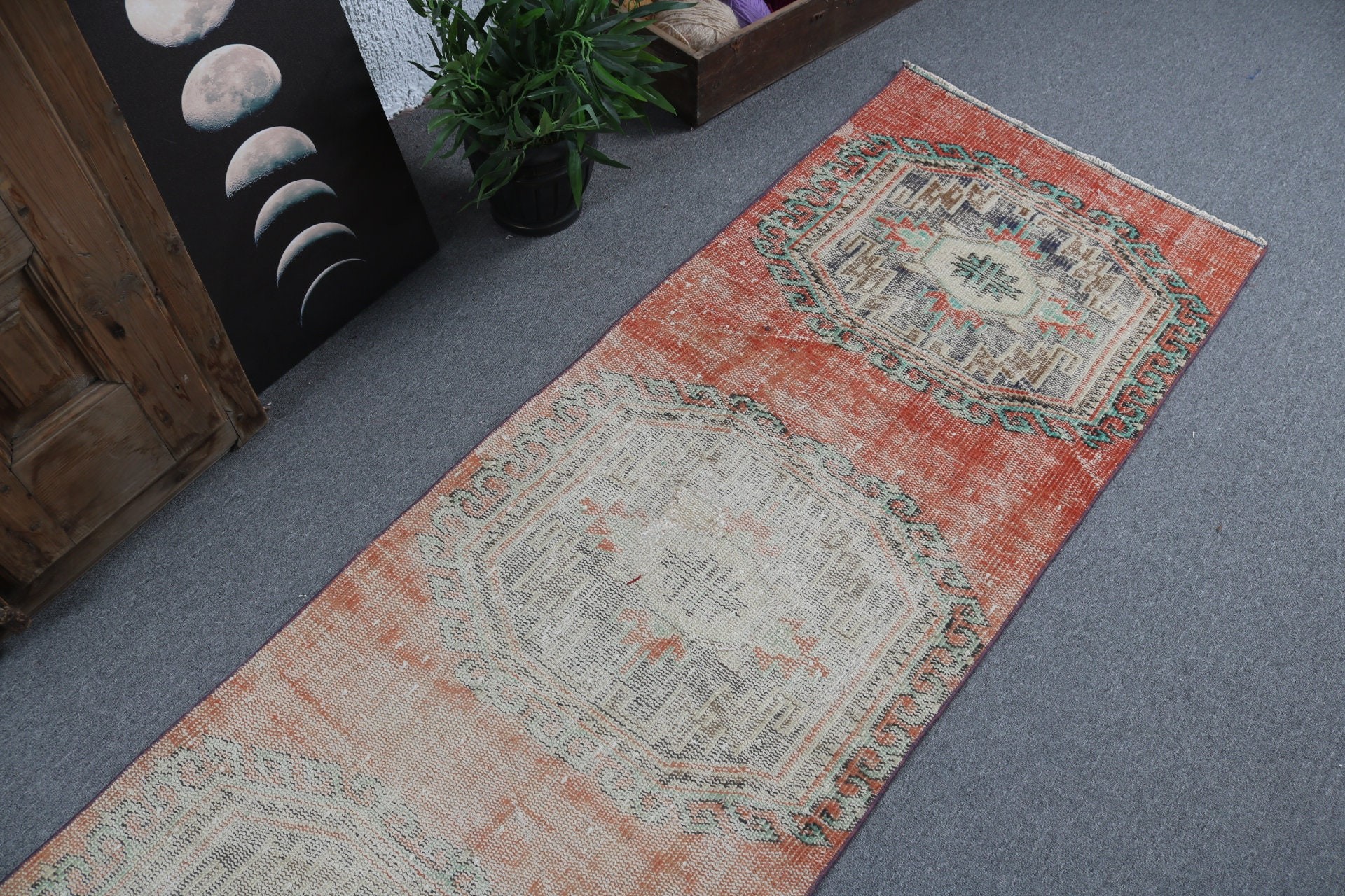 Beni Ourain Runner Rug, Boho Rug, Turkish Rugs, Vintage Rugs, 2.5x9.8 ft Runner Rugs, Flatweave Rugs, Hallway Rugs, Orange Kitchen Rugs