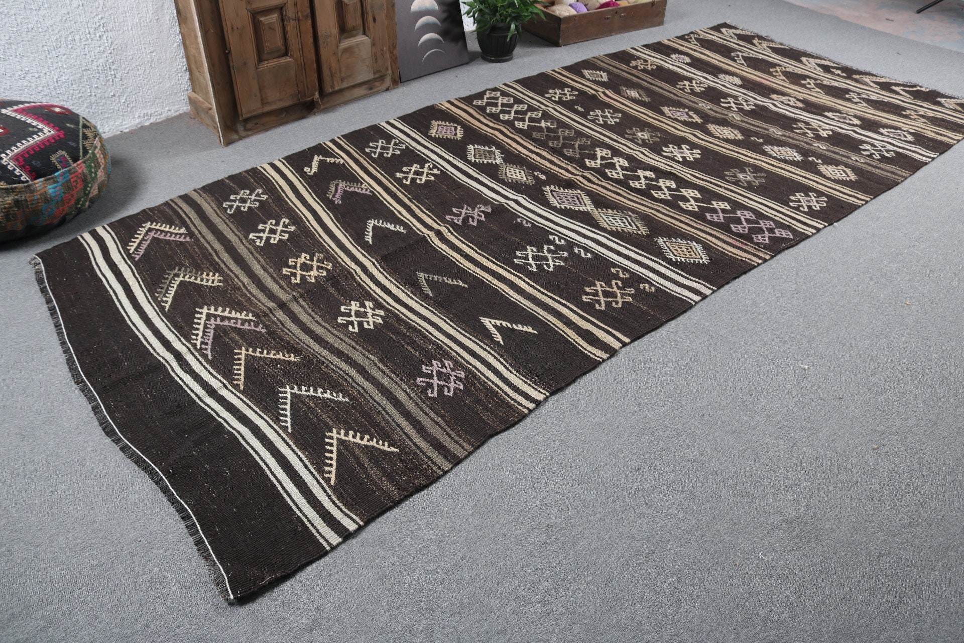 Boho Rug, Bedroom Rug, Turkish Rug, Black Oushak Rug, 5.1x12.1 ft Large Rugs, Large Oushak Rugs, Kilim, Vintage Rugs, Statement Rugs