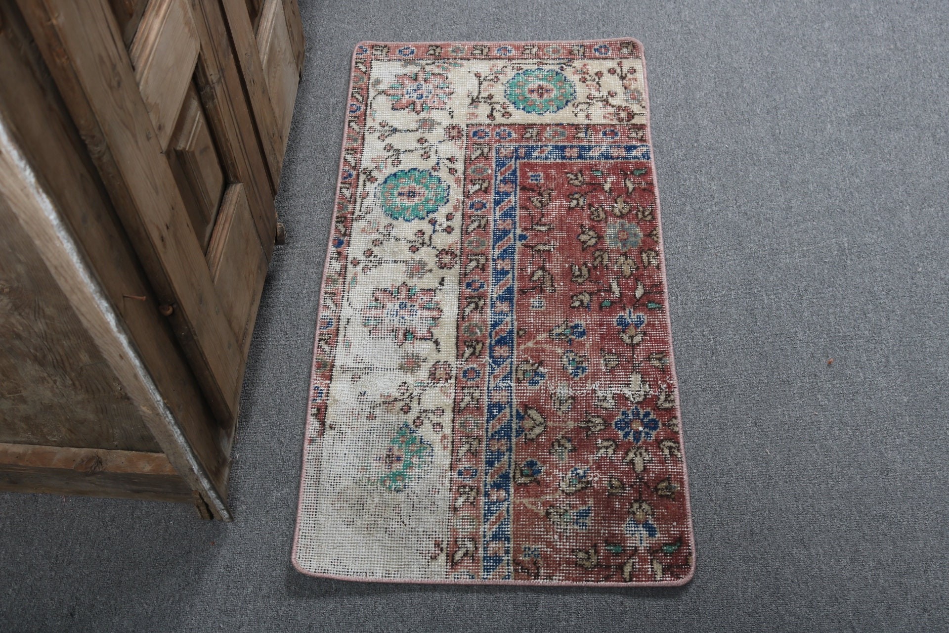 Mutfak Halıları, El Yapımı Halılar, Türk Halıları, Vintage Halı, Küçük Alan Halıları, 1.6x3.2 ft Küçük Halılar, Kırmızı Boho Halı, Oushak Halıları, Kapı Paspası Halıları