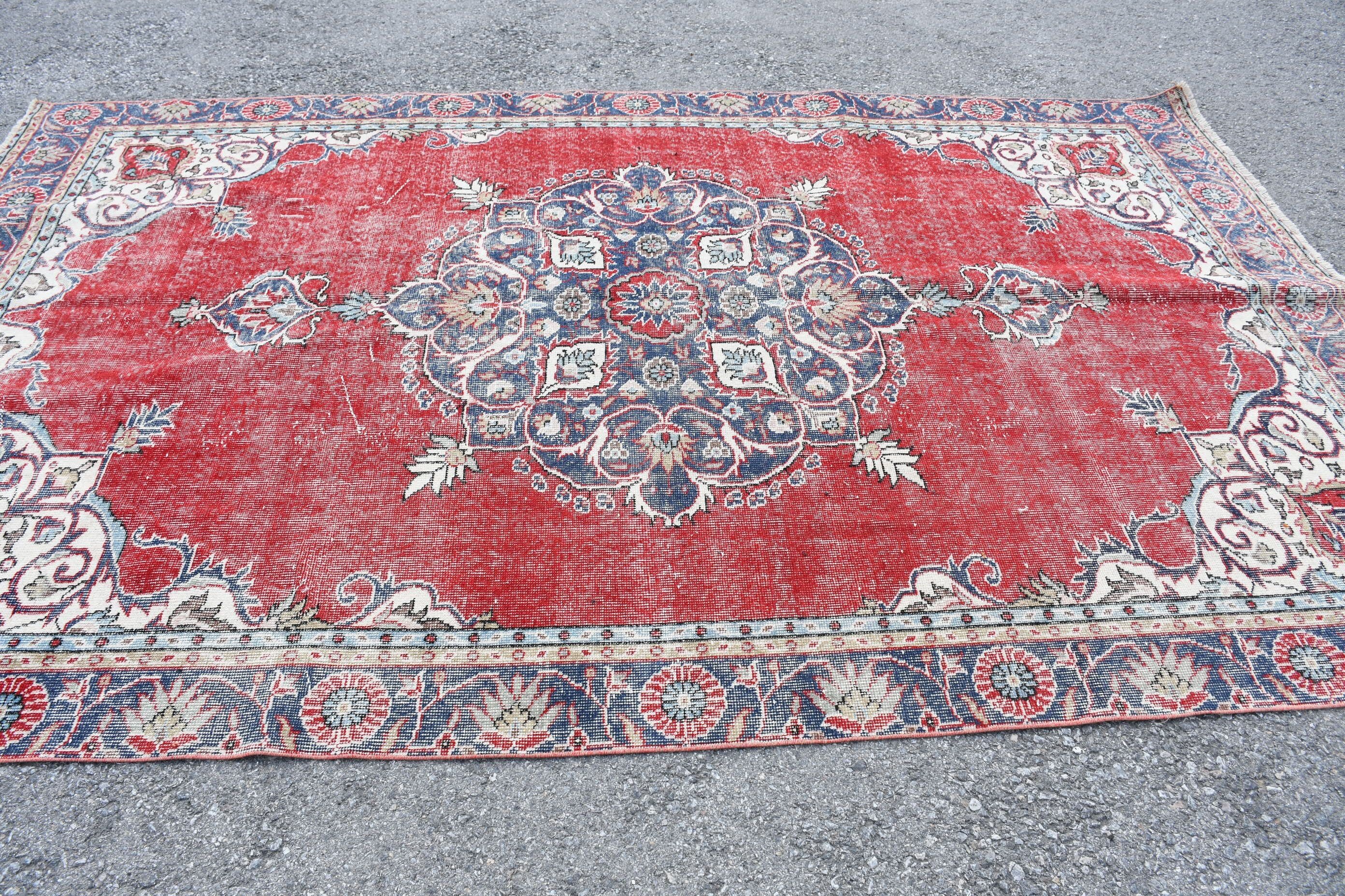 Vintage Halı, Soğuk Halı, 6.4x10.4 ft Büyük Halı, Türk Halısı, Oushak Halısı, Yemek Odası Halısı, Oturma Odası Halıları, Kırmızı Fas Halısı, Salon Halısı