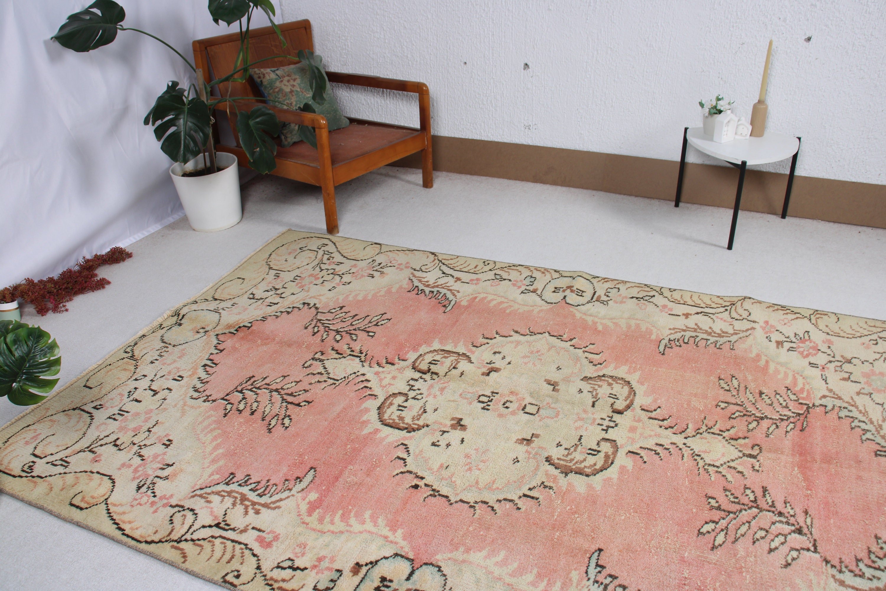 Lüks Halılar, Türk Halısı, 5.2x8.4 ft Büyük Halılar, Salon Halıları, Vintage Halı, Oushak Halıları, Pembe Geometrik Halı, Büyük Oushak Halısı, Modern Halı