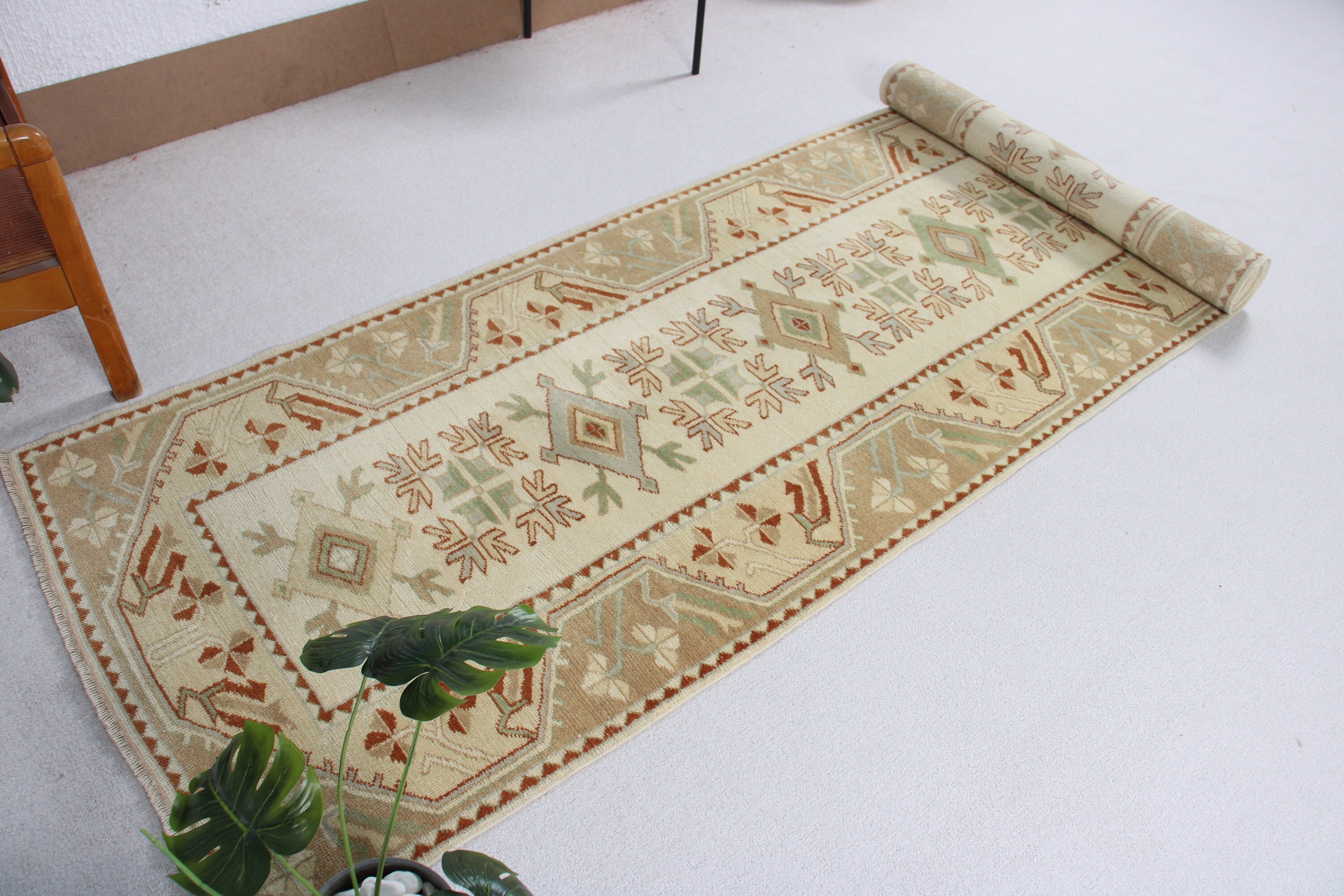 Bej El Dokuma Halılar, Ev Dekorasyonu Halısı, Koridor Halıları, 3x11.5 ft Runner Halısı, Türk Halıları, Vintage Runner Halıları, Oushak Halısı, Vintage Halı