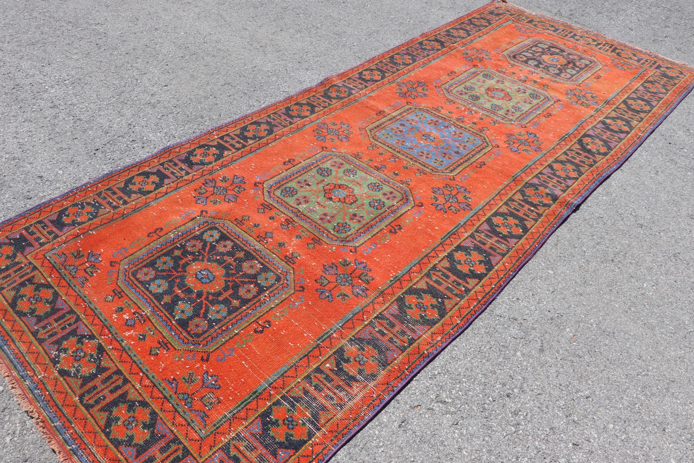 Turuncu Oushak Halı, Vintage Halılar, Türk Halısı, Mutfak Halısı, Oryantal Halı, Bohem Halısı, Yatak Odası Halısı, 4.4x11.5 ft Koşucu Halısı, Koridor Halısı