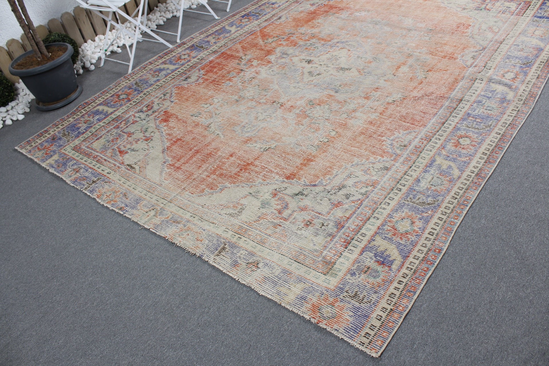 Saloon Rug, Turkish Rug, Wool Rugs, Vintage Rug, Orange  7.6x9.5 ft Oversize Rug, Dining Room Rugs, Kitchen Rugs, Outdoor Rug