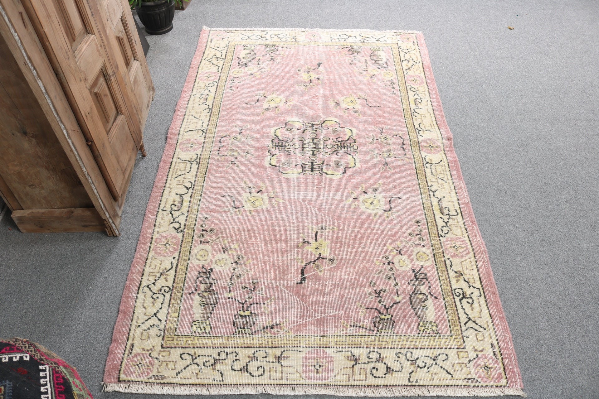 3,8x6,4 ft Alan Halıları, Türk Halısı, Boho Halısı, Etnik Halılar, Pembe Antika Halı, Vintage Halılar, Nötr Halılar, Yemek Odası Halıları, Zemin Halıları