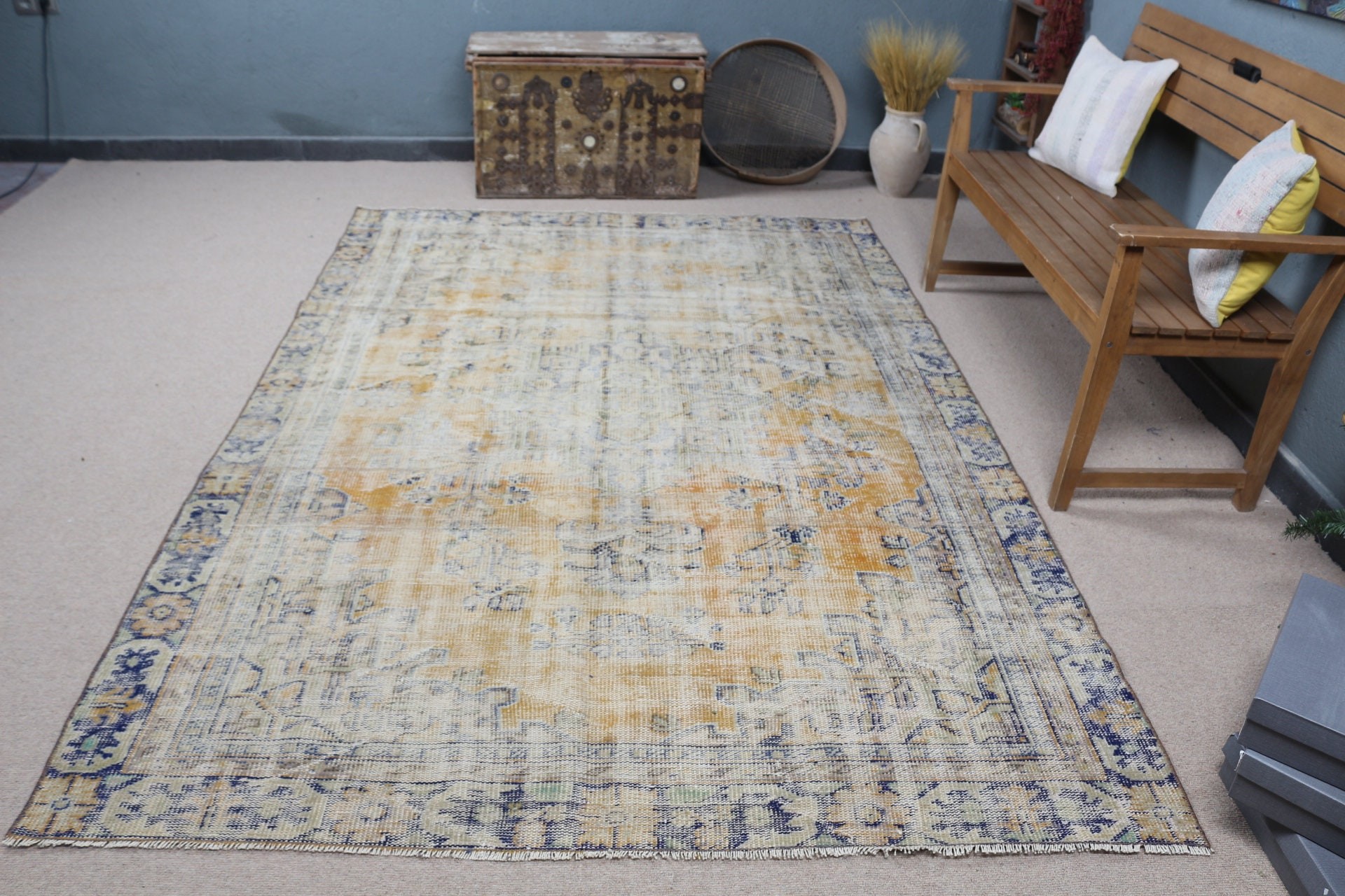 Vintage Halılar, 5.9x8.9 ft Büyük Halı, Turuncu Oushak Halı, Oturma Odası Halısı, Türk Halısı, Yemek Odası Halısı, Boho Halıları, Fas Halısı