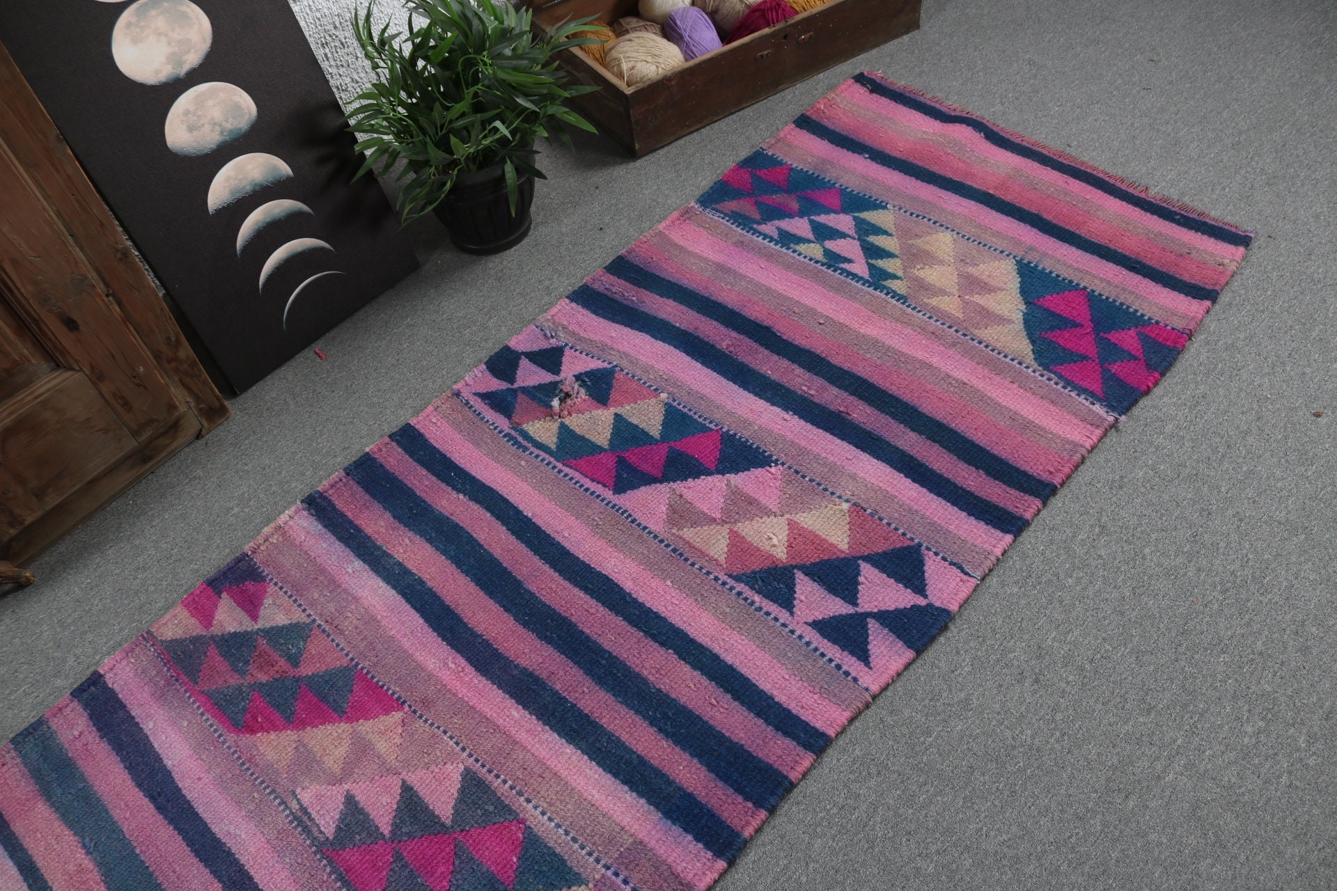 Antique Rug, Turkish Rugs, Rugs for Runner, Aesthetic Rugs, Stair Rugs, 2.7x10.2 ft Runner Rug, Pink Wool Rugs, Vintage Rug, Geometric Rug