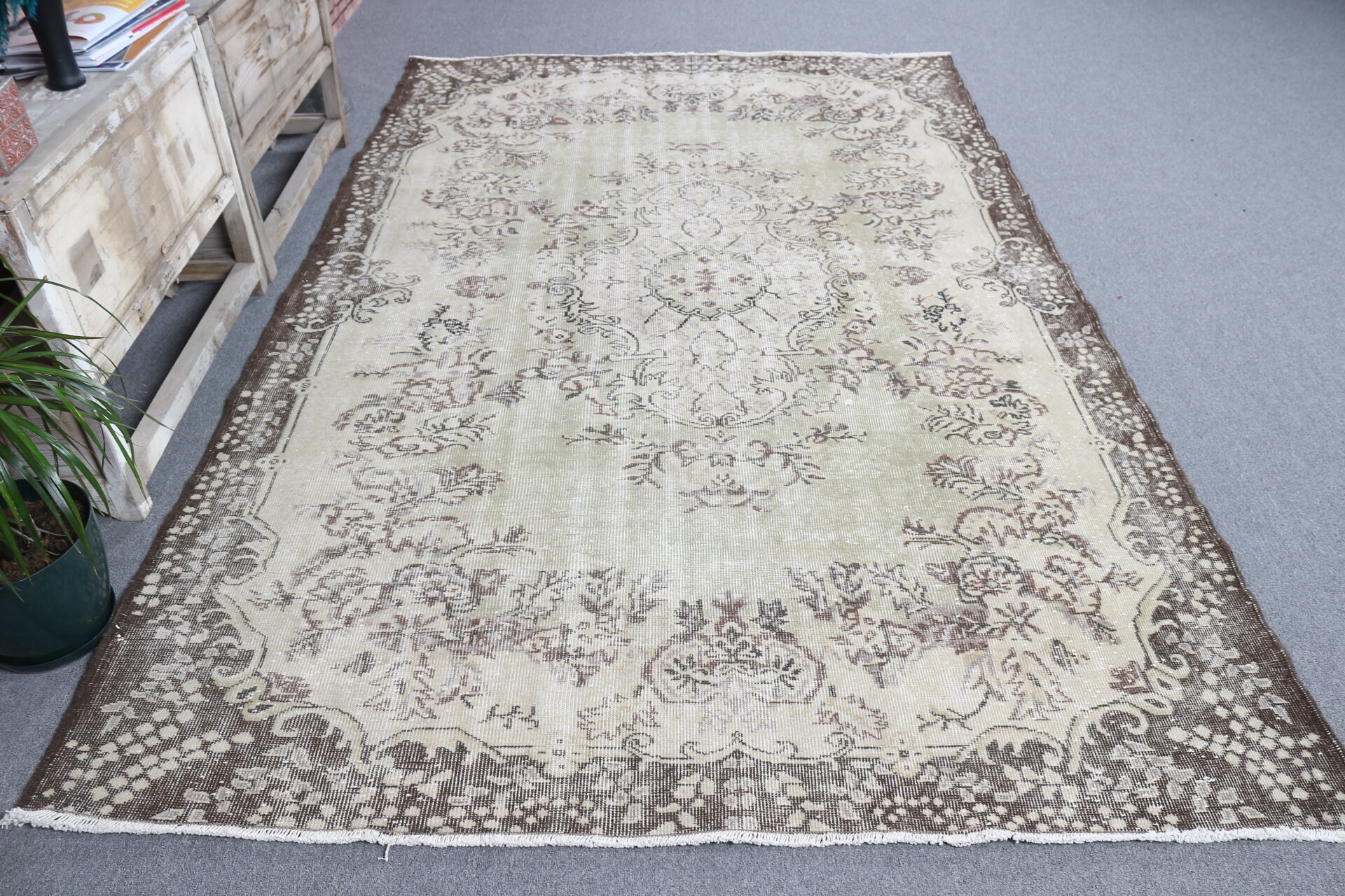 Yeşil Yün Halı, Mutfak Halıları, Vintage Halı, Yatak Odası Halısı, Salon Halıları, Yer Halıları, Oturma Odası Halısı, Türk Halısı, 6x9,3 ft Büyük Halılar