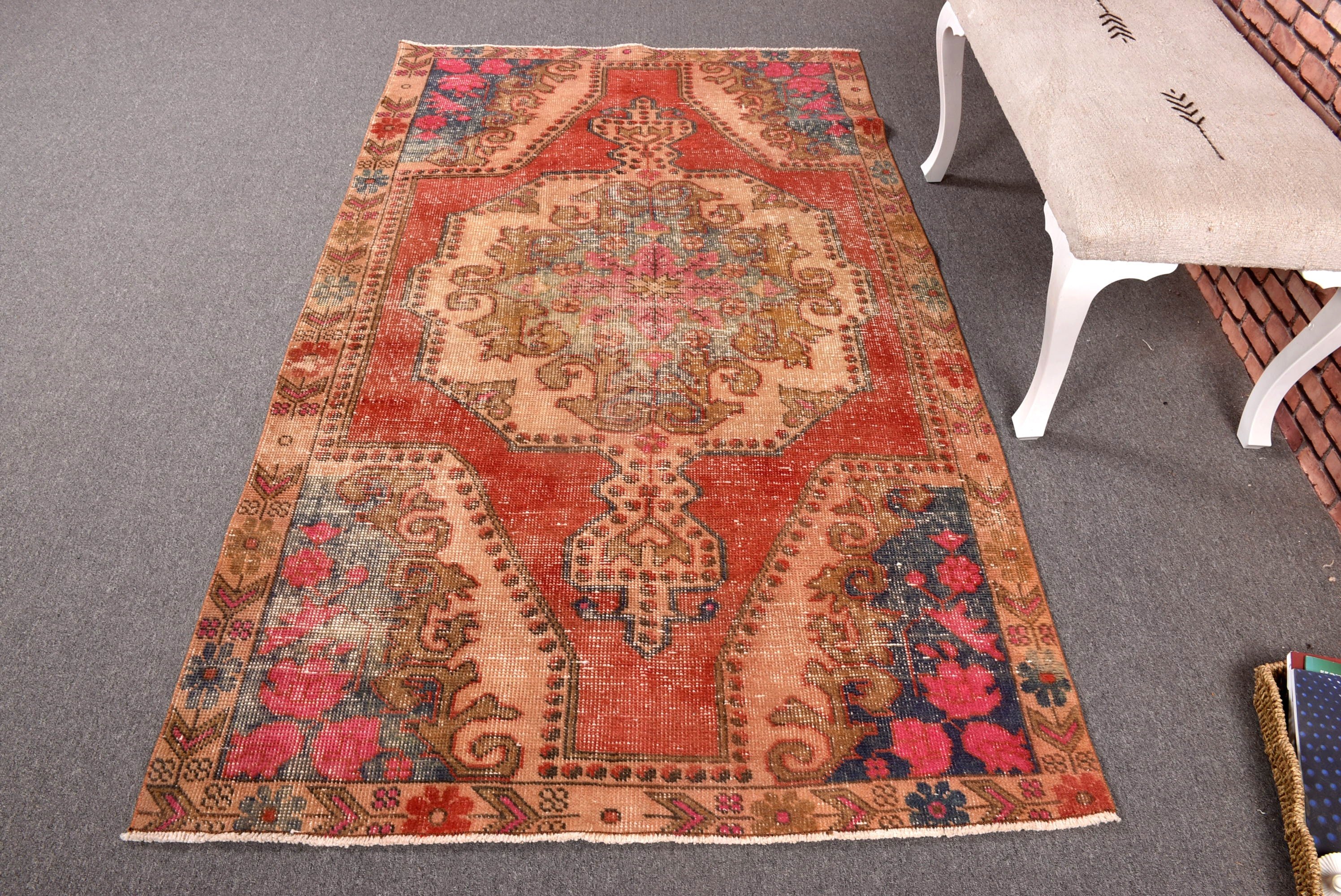 Vintage Halılar, Türk Halıları, Açıklama Halıları, Kırmızı Fas Halısı, 4.1x7 ft Alan Halısı, Vintage Alan Halıları, Boho Alan Halıları, Geometrik Halılar