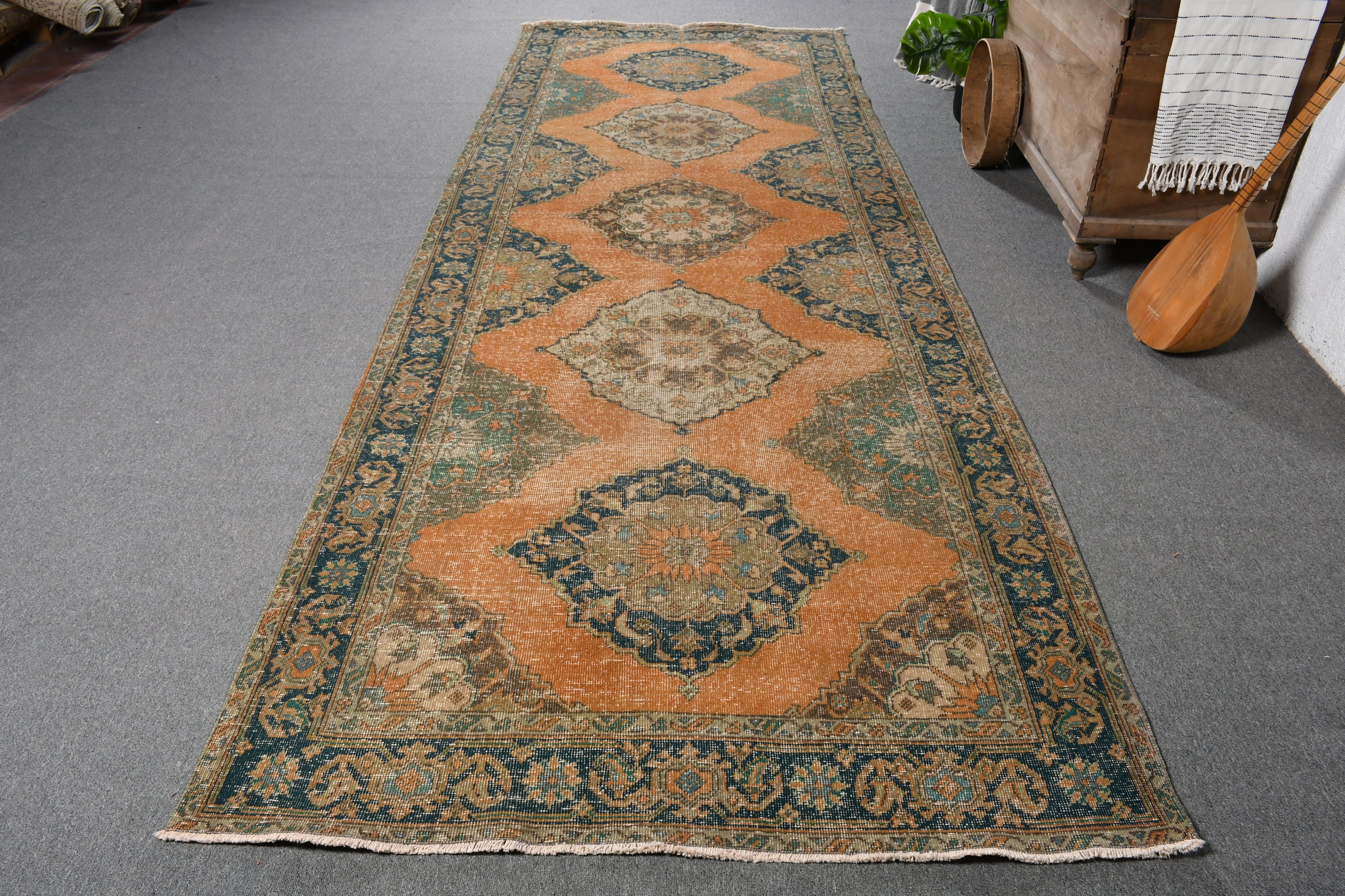 4.7x12.9 ft Runner Rugs, Vintage Rug, Corridor Rugs, Orange Floor Rug, Muted Rug, Turkish Rug, Hallway Rug, Oushak Rug