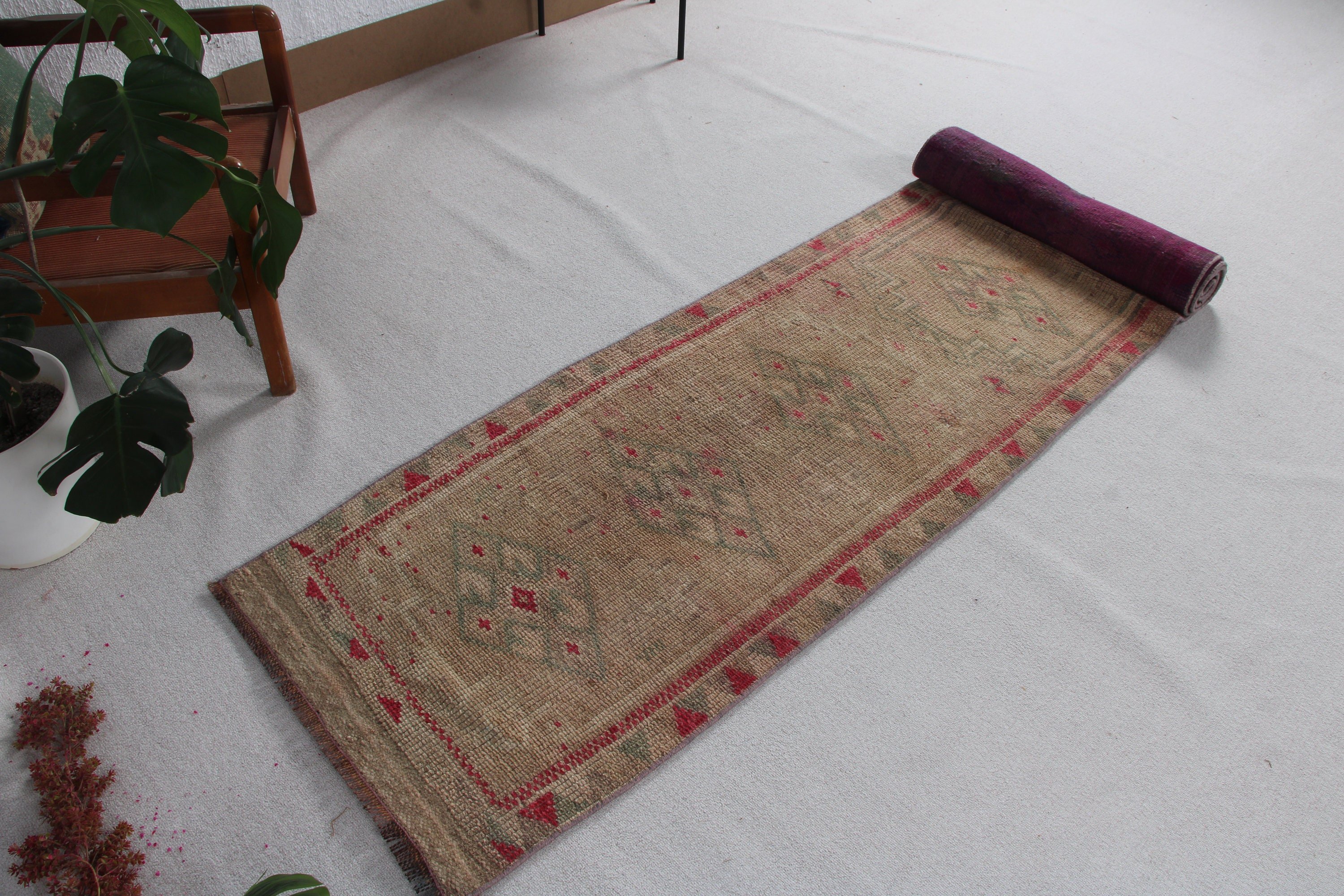 Koridor Halısı, Ev Dekorasyonu Halısı, Türk Halıları, Vintage Halılar, Beni Ourain Runner Halısı, 2.4x12.6 ft Runner Halısı, Yeşil Soğuk Halılar, Nötr Halılar