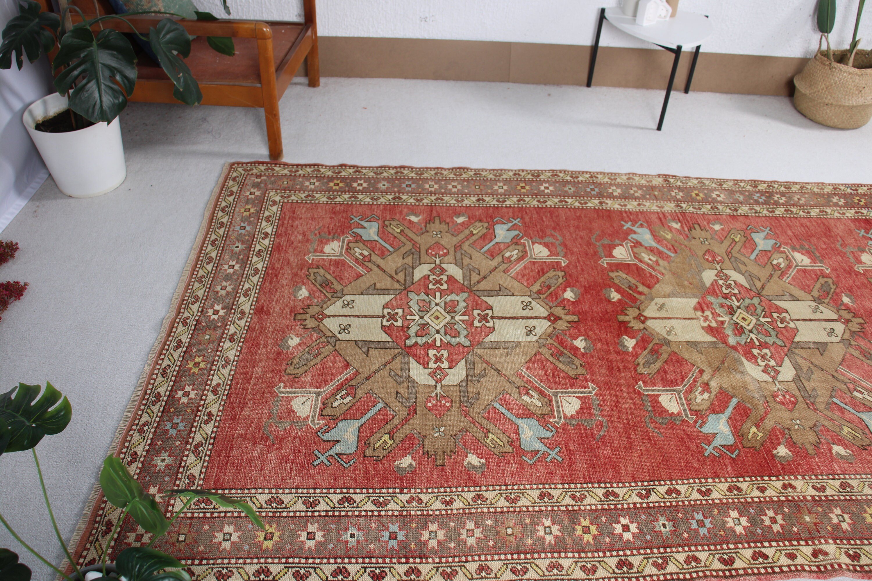 Büyük Oushak Halı, Salon Halıları, 5x10 ft Büyük Halılar, Büyük Vintage Halı, Düz Dokuma Halılar, Türk Halısı, Yün Halılar, Vintage Halı, Kırmızı Boho Halı