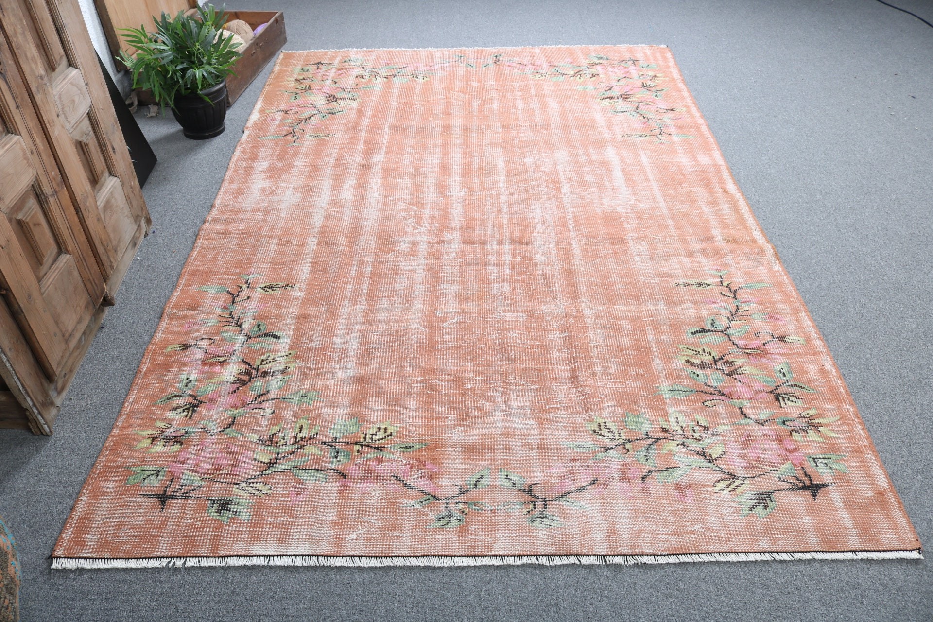 Turuncu Anadolu Halısı, Vintage Halılar, 5.5x8.5 ft Büyük Halı, Yer Halısı, Türk Halıları, Büyük Vintage Halı, Yemek Odası Halısı, Lüks Halı