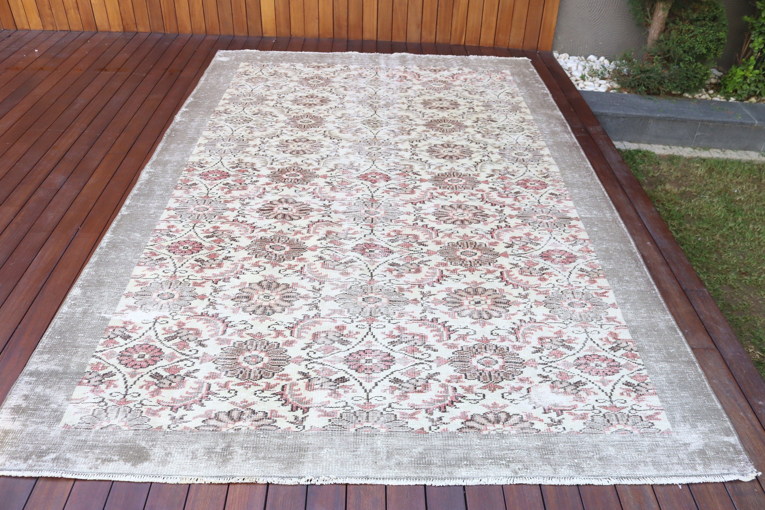 6.3x9.5 ft Büyük Halılar, El Dokuma Halılar, Etnik Halı, Yatak Odası Halısı, Salon Halıları, Türk Halıları, Vintage Halı, Bej Geometrik Halılar