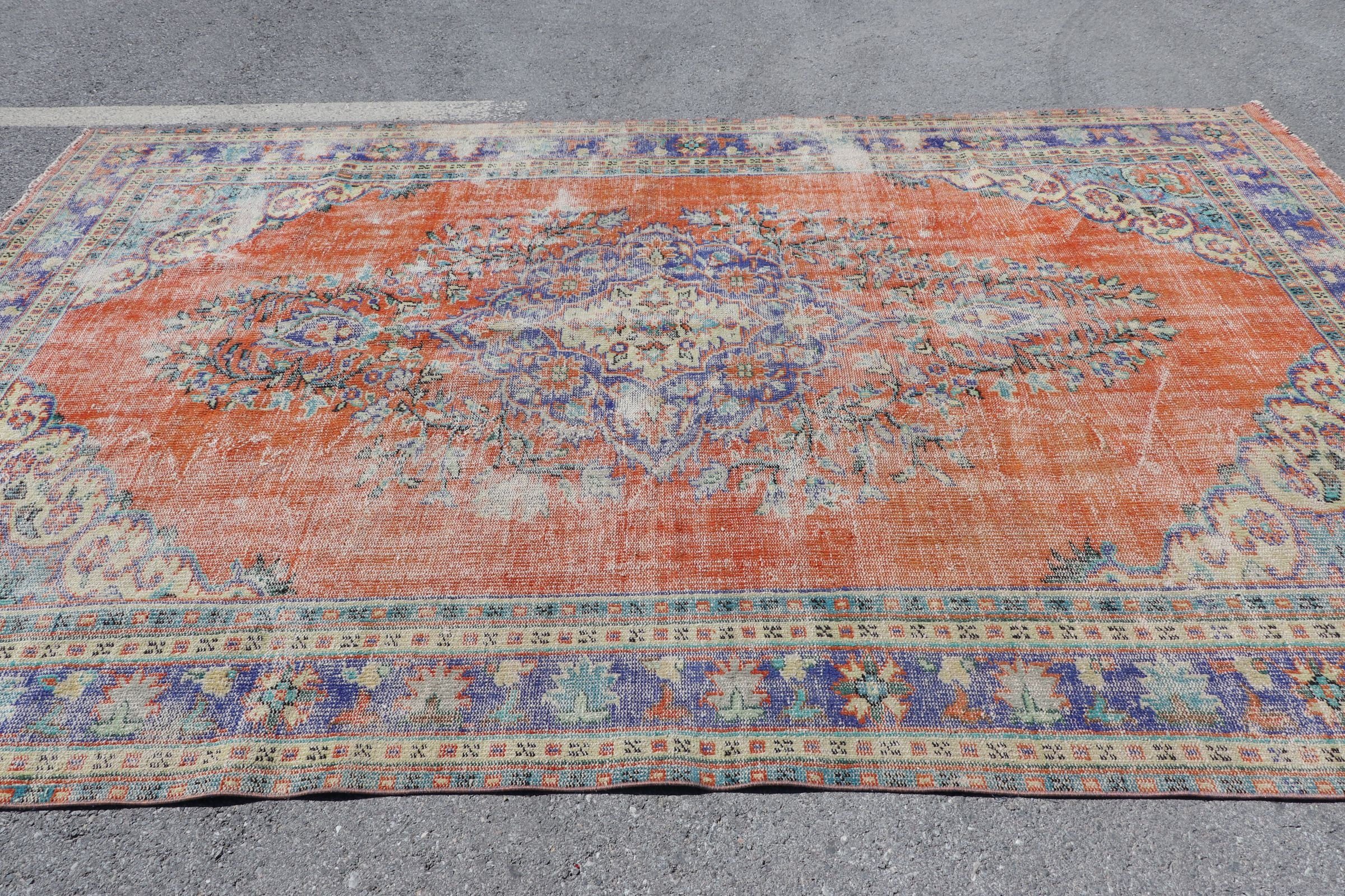 Turkish Rugs, Orange Oriental Rugs, Vintage Rug, Kitchen Rug, Living Room Rugs, Saloon Rug, 7.3x11.2 ft Oversize Rugs