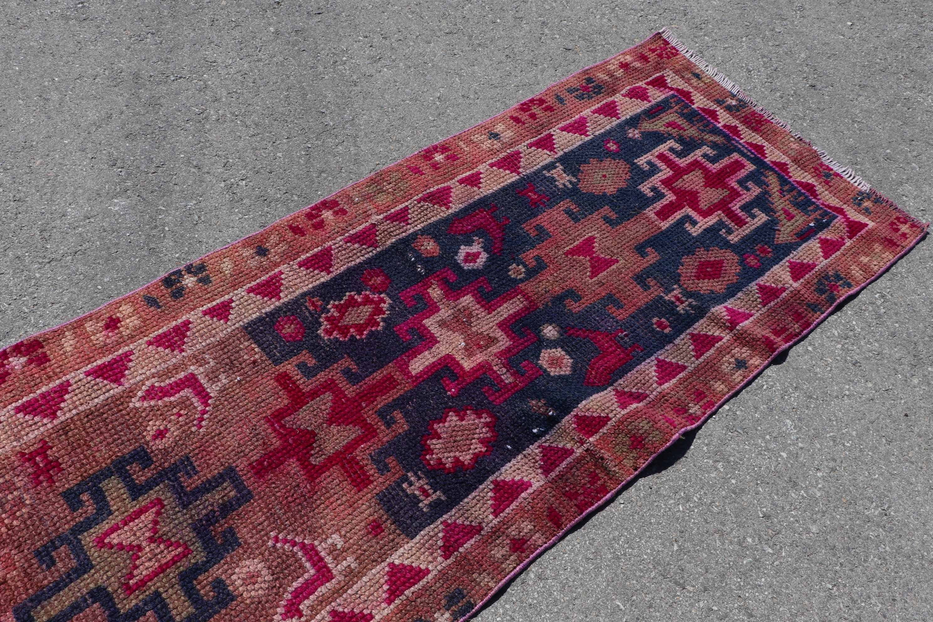 Wool Rug, Vintage Rug, 2.9x13.1 ft Runner Rug, Turkish Rugs, Pink Home Decor Rugs, Retro Rugs, Kitchen Rug, Rugs for Hallway, Corridor Rugs