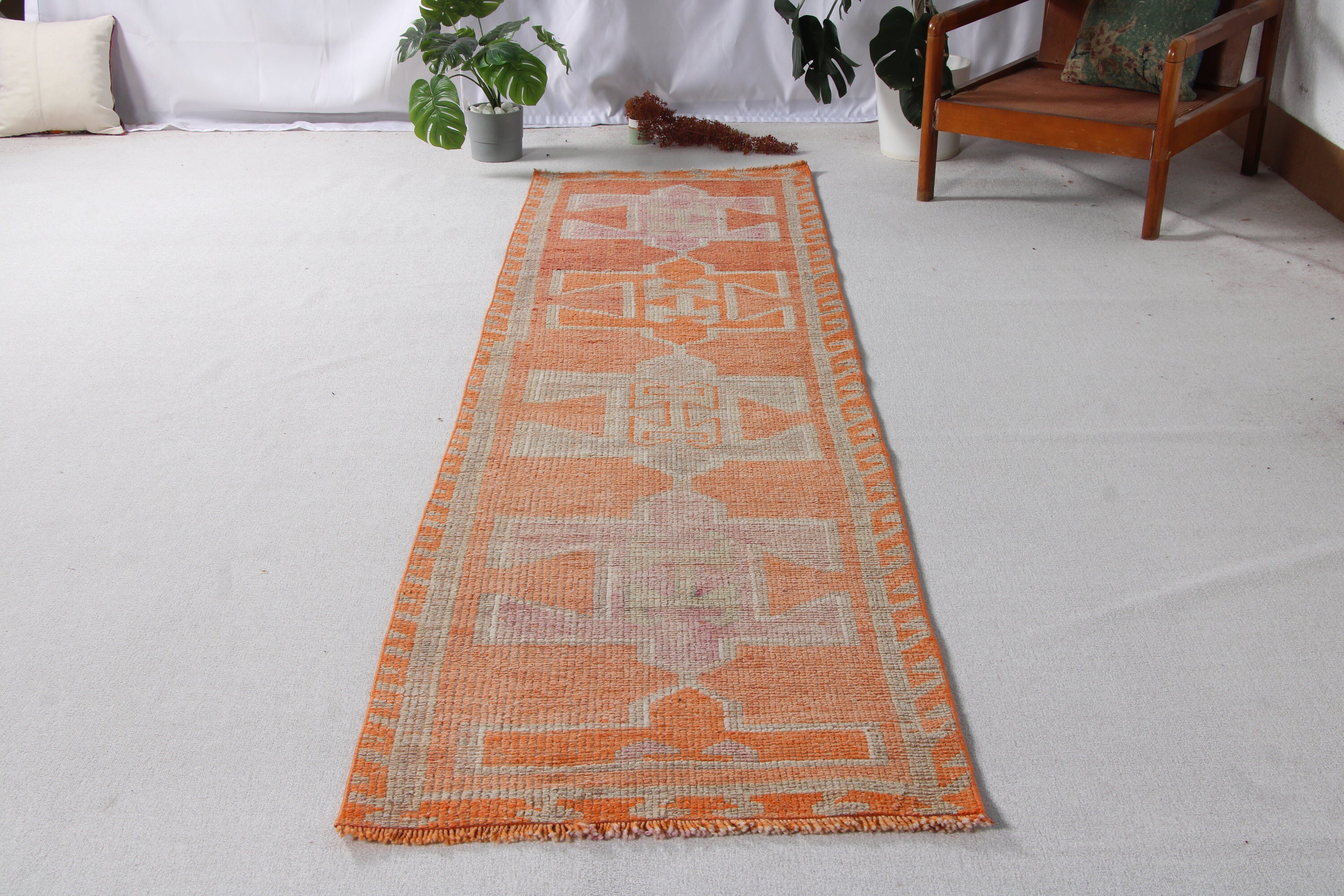 El Dokuma Halılar, 2.7x10.5 ft Yolluk Halılar, Türk Halıları, Koridor Halıları, Yer Halıları, Boho Halılar, Turuncu El Dokuma Halılar, Vintage Halılar, Merdiven Halıları