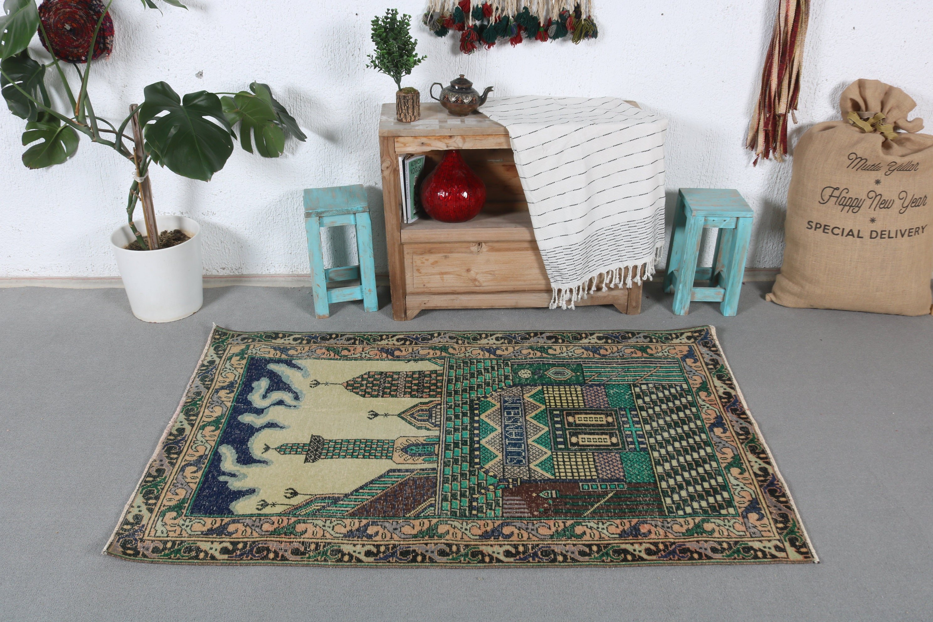 Kitchen Rug, Turkish Rug, Entry Rug, Vintage Rug, Rugs for Bedroom, Wool Rugs, Green Antique Rug, Nursery Rug, 3.1x5.1 ft Accent Rugs