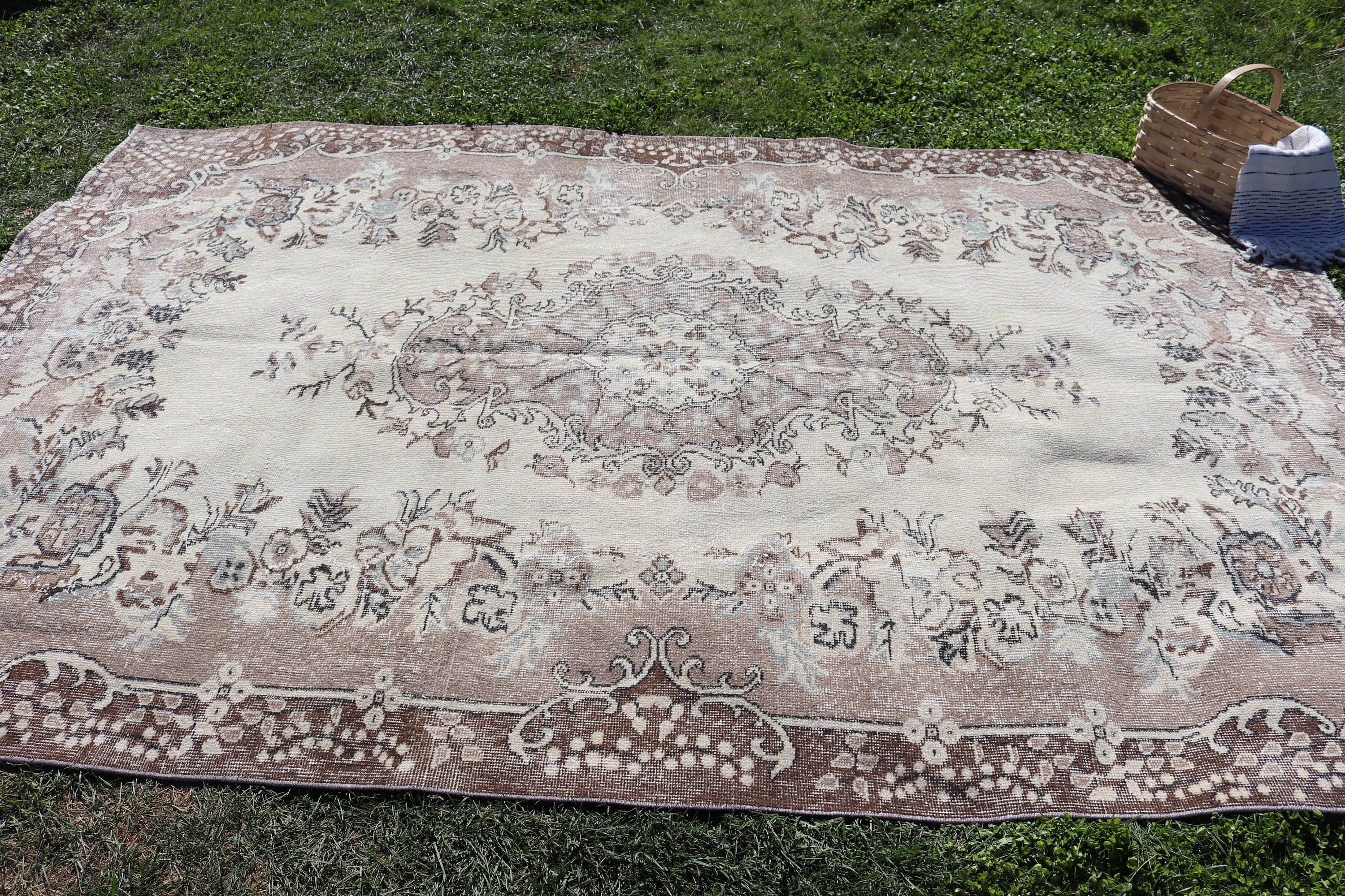 Boho Halı, Vintage Halılar, Fas Halısı, Türk Halıları, Oushak Halısı, 6.1x9.3 ft Büyük Halılar, Bej Soğuk Halılar, Büyük Oushak Halısı, Yatak Odası Halıları