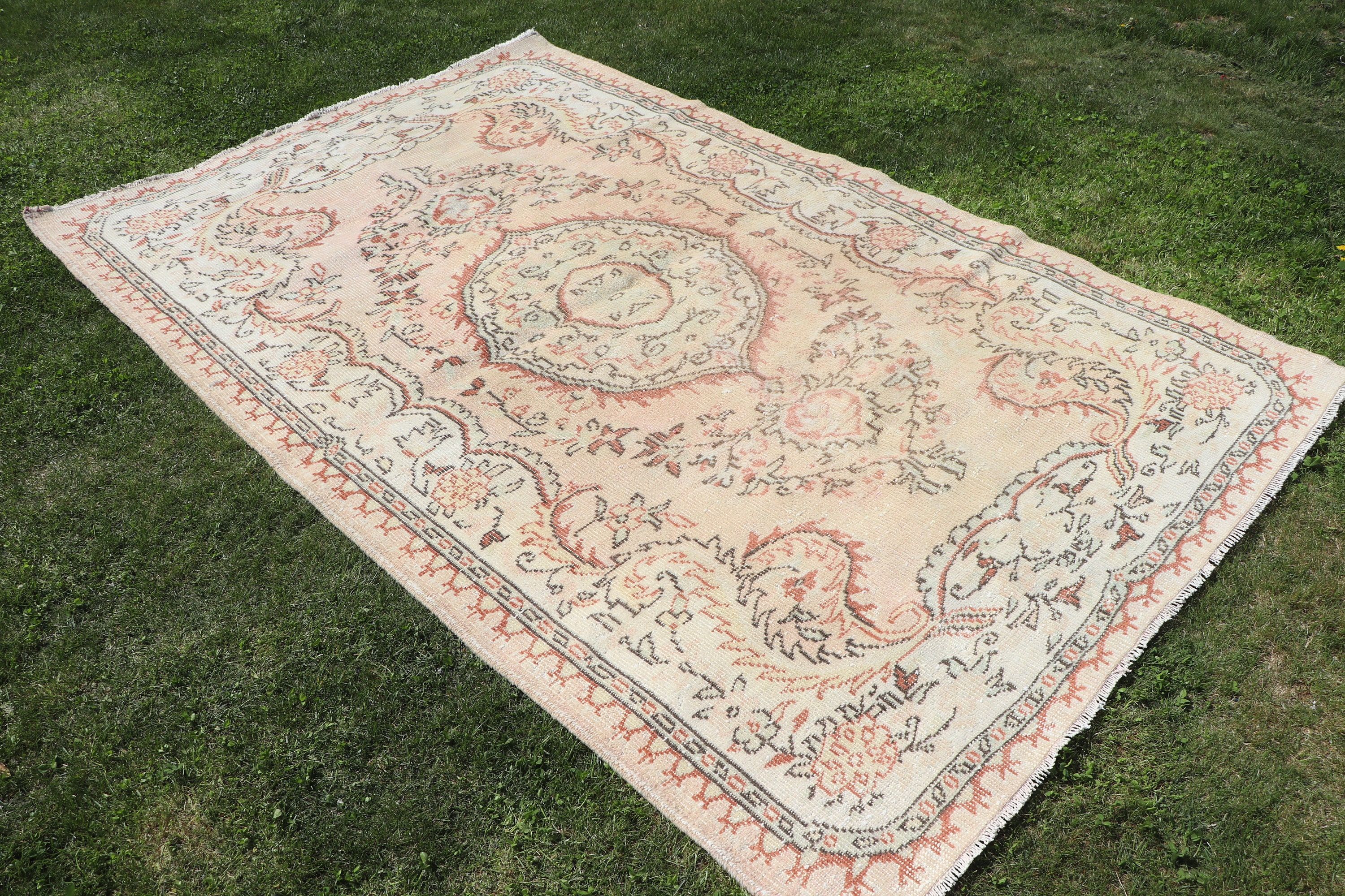 5.4x8.5 ft Büyük Halı, Türk Halısı, Büyük Oushak Halıları, Vintage Halı, El Dokuma Halı, Oturma Odası Halıları, Bej Oryantal Halı, Geometrik Halılar