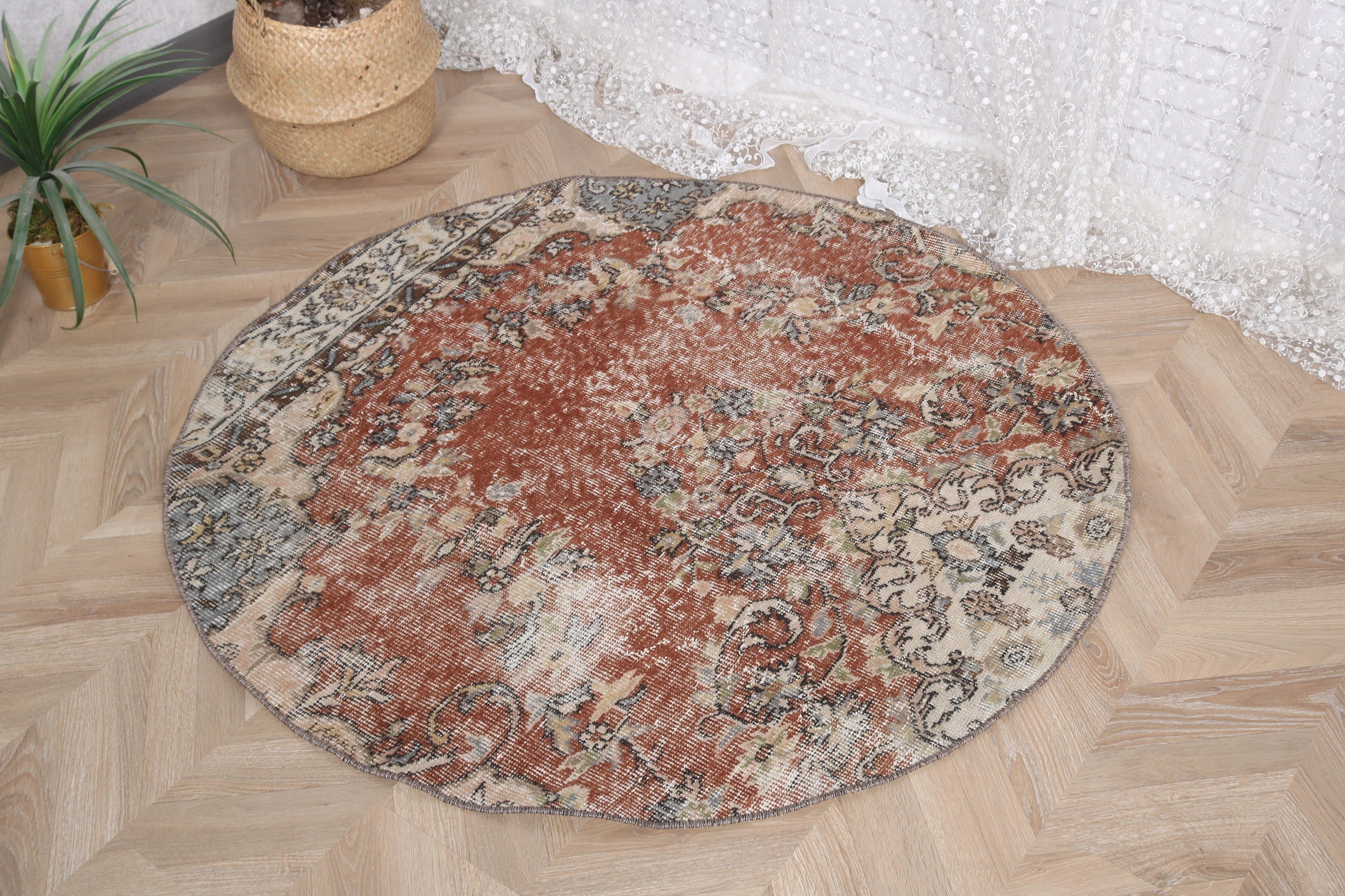 Geometrik Halı, Dekoratif Halı, Türk Halıları, Vintage Vurgulu Halılar, Nötr Halılar, 4.1x4.1 ft Vurgulu Halılar, Vintage Halı, Bej Oushak Halı