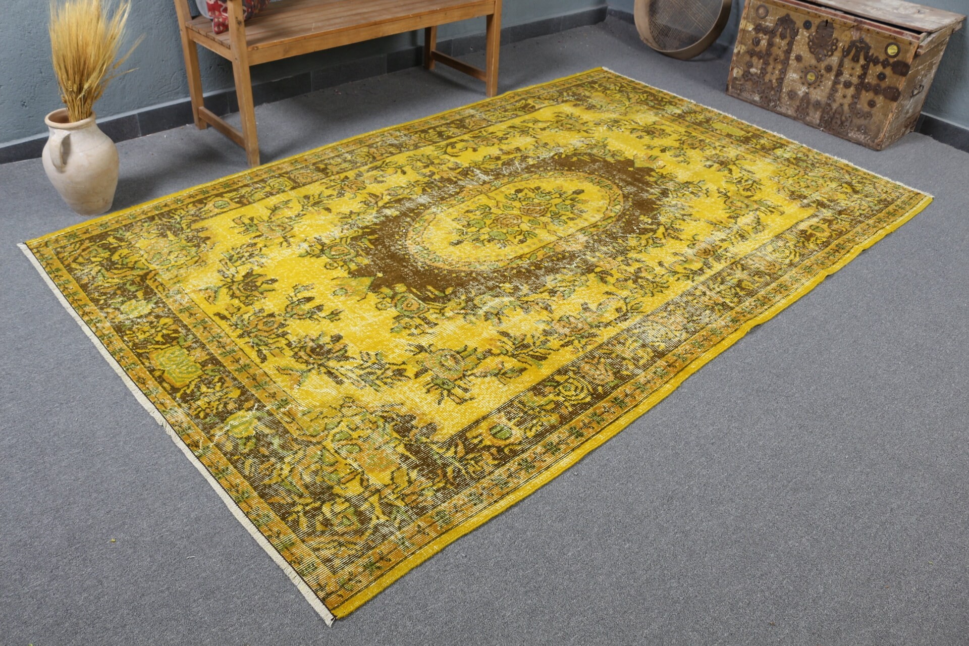 Türk Halısı, Eski Halı, Yatak Odası Halısı, Fas Halıları, 5.7x9.1 ft Büyük Halı, Vintage Halı, Ev Dekor Halıları, Sarı Anadolu Halısı, Oturma Odası Halısı